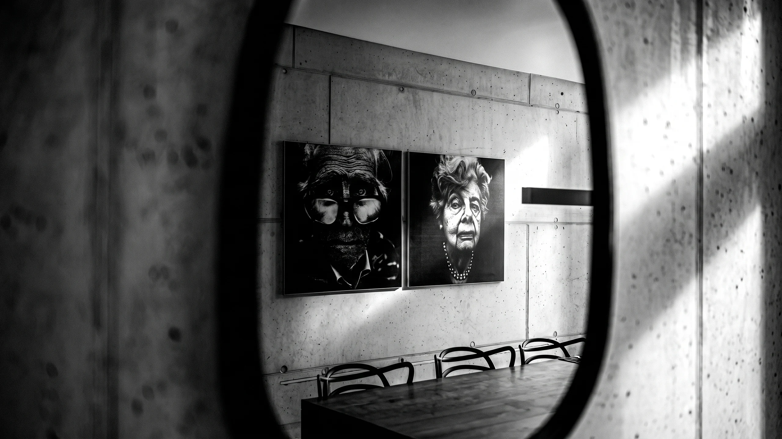 Concept wall in the MOREMEDIA office: two large-format black-and-white portraits on an exposed concrete wall, framed by an oval mirror in the foreground — oak conference table with chairs in front.