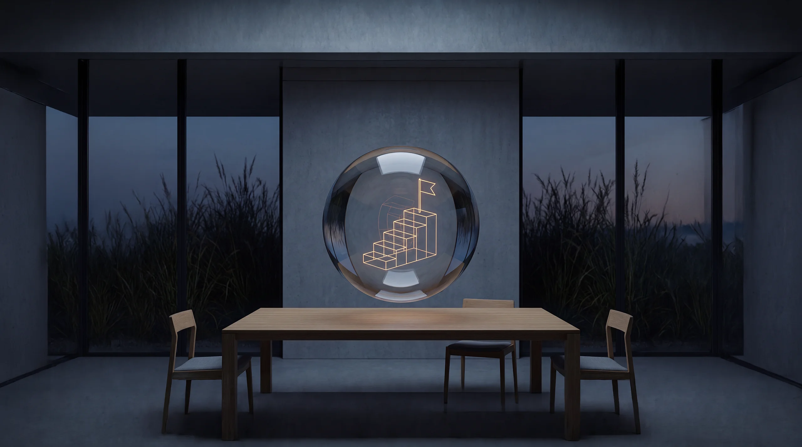 Light hologram: five ascending steps with a bright flag planted on the top step – dim agency interior of exposed concrete and oak.