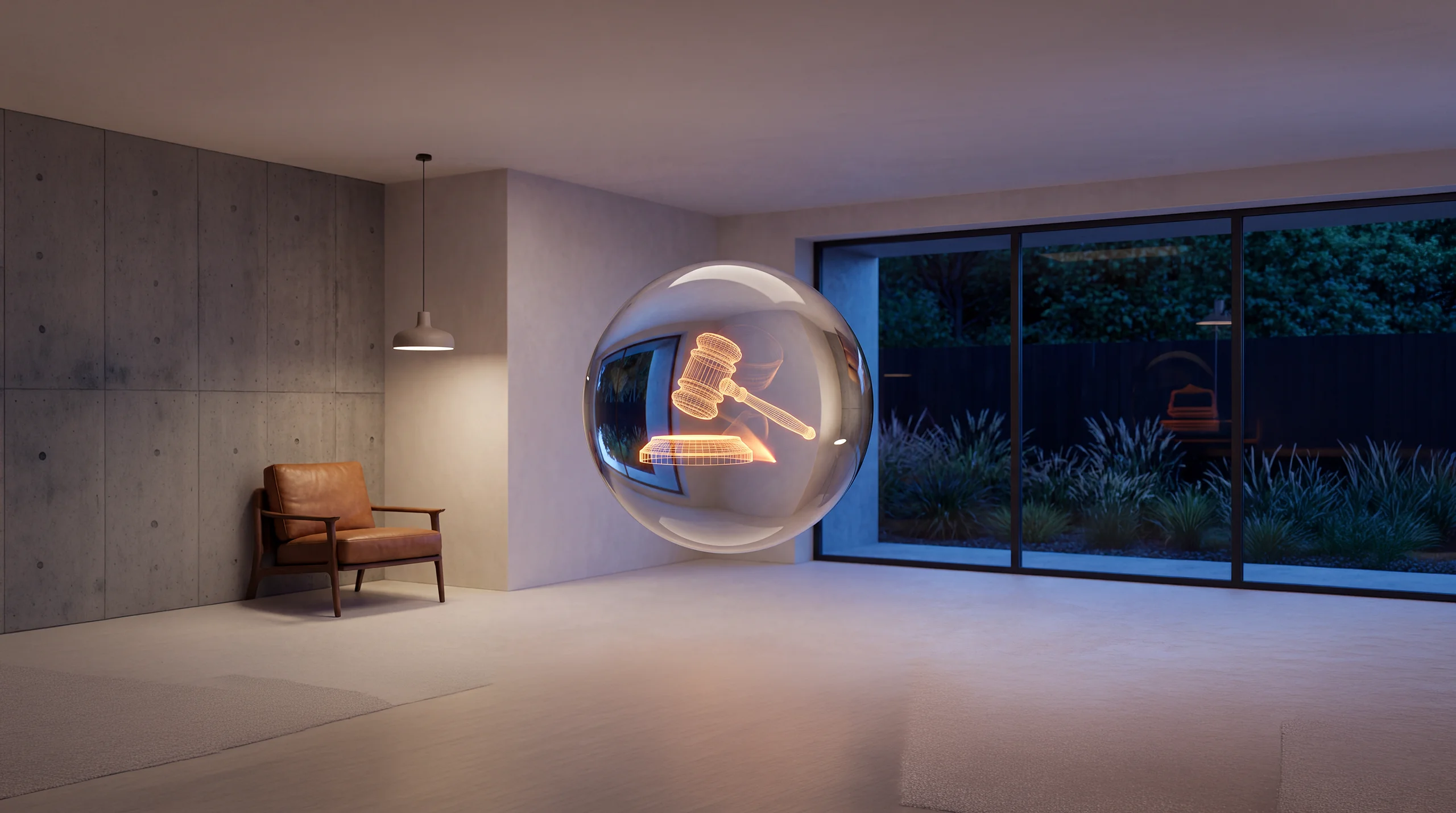 Light hologram: a judge's gavel resting beside a glowing ramp – dim agency interior of exposed concrete and oak.