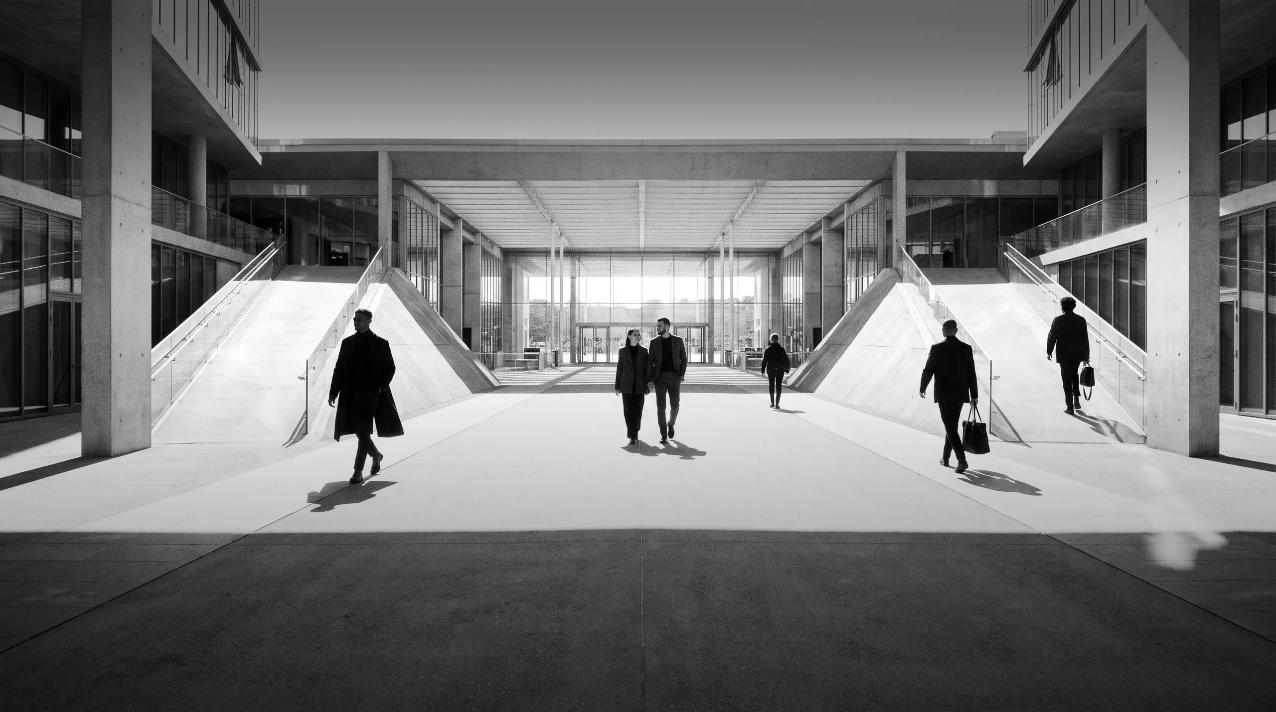 HUMAN STRUCTURES : Plusieurs personnes en tenue sombre traversent une place symétrique et ensoleillée devant une entrée vitrée, encadrée de deux escaliers en miroir.