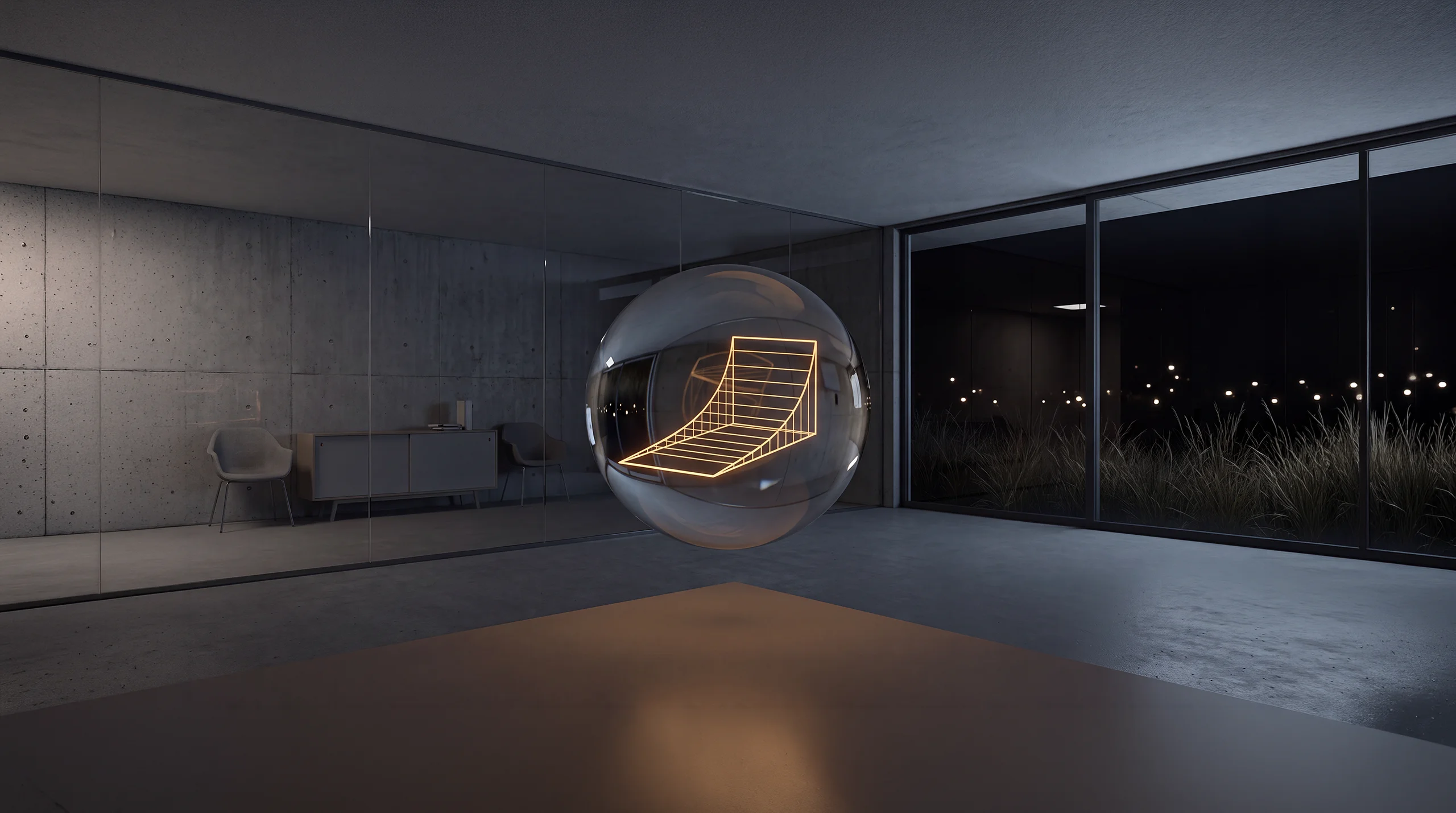Light hologram: a wide ramp with a steeply rising curve above it – dim agency interior of exposed concrete and oak.