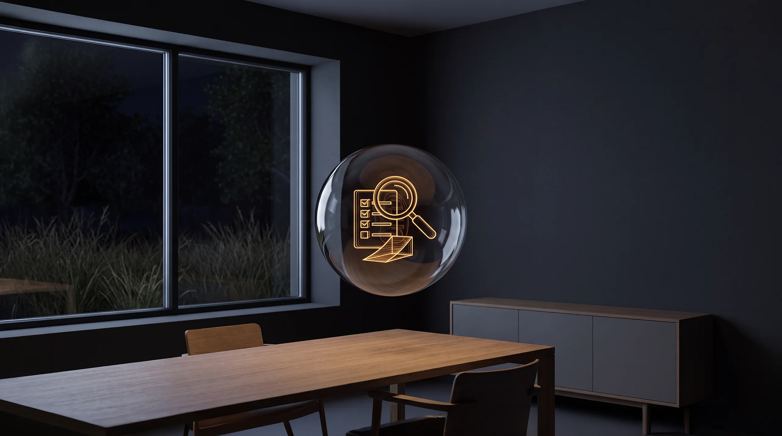 Light hologram: a magnifying glass over a checklist beside a small ramp – dim agency interior of exposed concrete and oak.