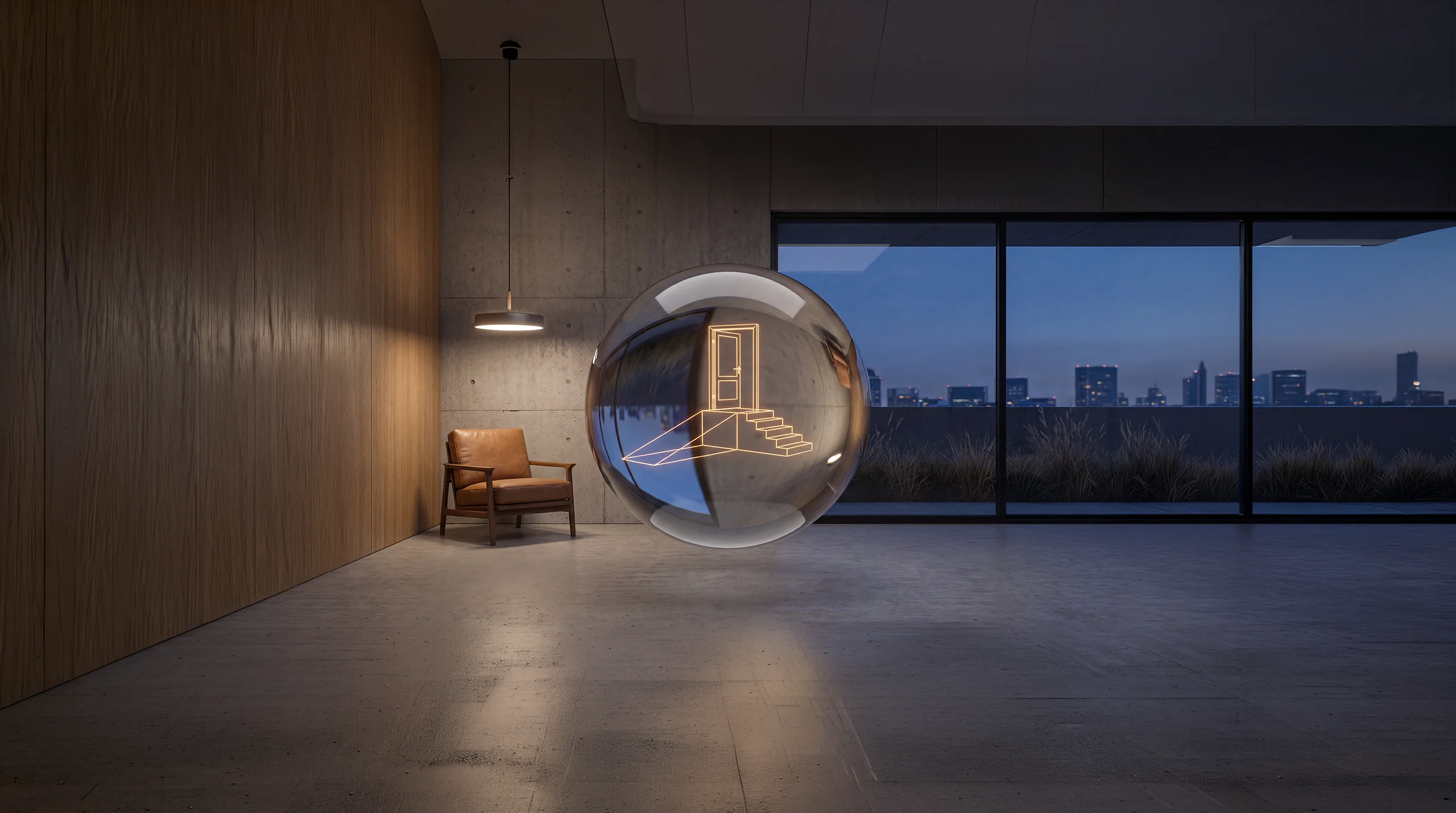 Light hologram: a ramp and steps side by side leading to one shared open door – dim agency interior of exposed concrete and oak.