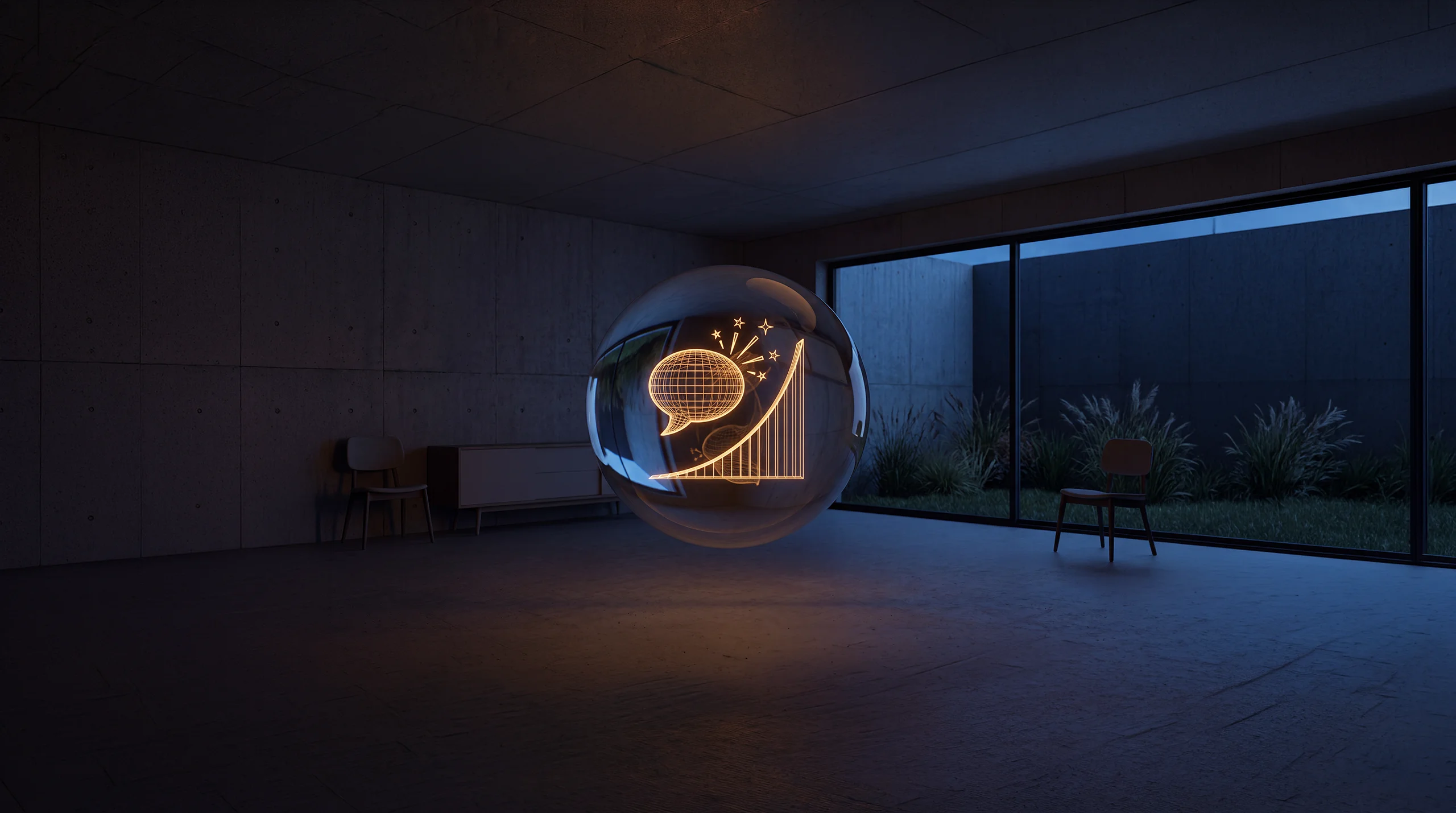 Light hologram: a speech bubble with a spark beaming rays toward a rising curve – dim agency interior of exposed concrete and oak.