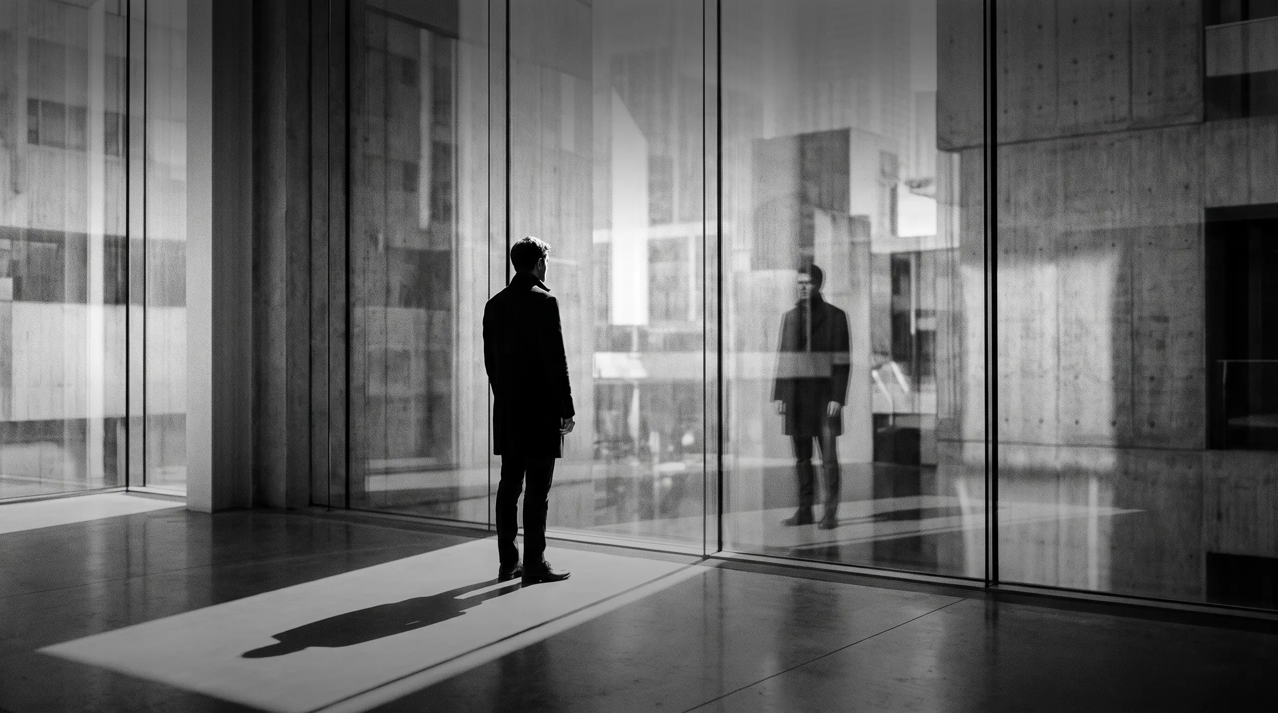 HUMAN STRUCTURES: Un homme est vu de dos devant une façade vitrée, son reflet apparaissant dédoublé parmi des immeubles en arrière-plan.