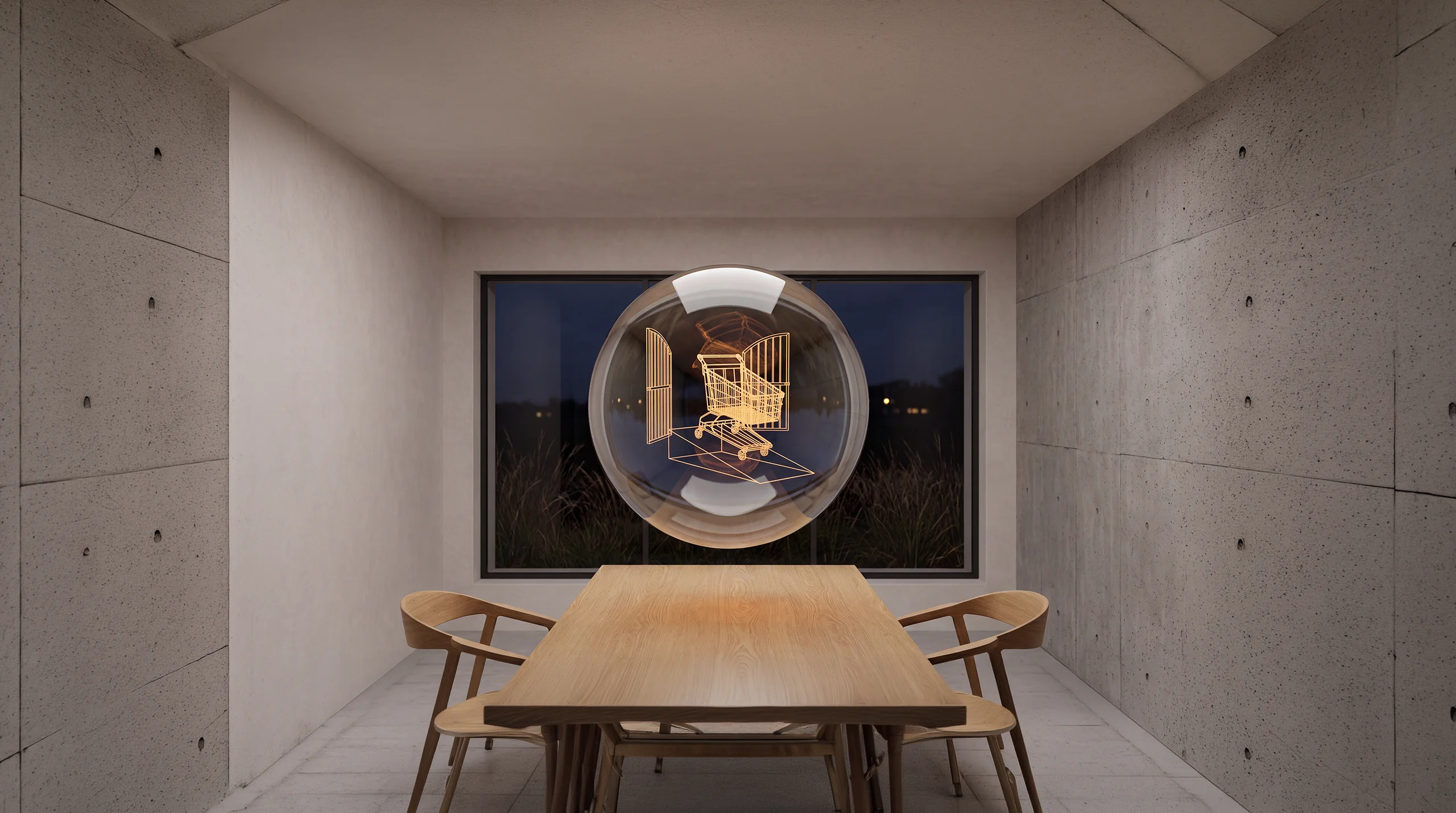 Light hologram: a shopping cart rolling smoothly down a gentle ramp through an open gate – dim agency interior of exposed concrete and oak.