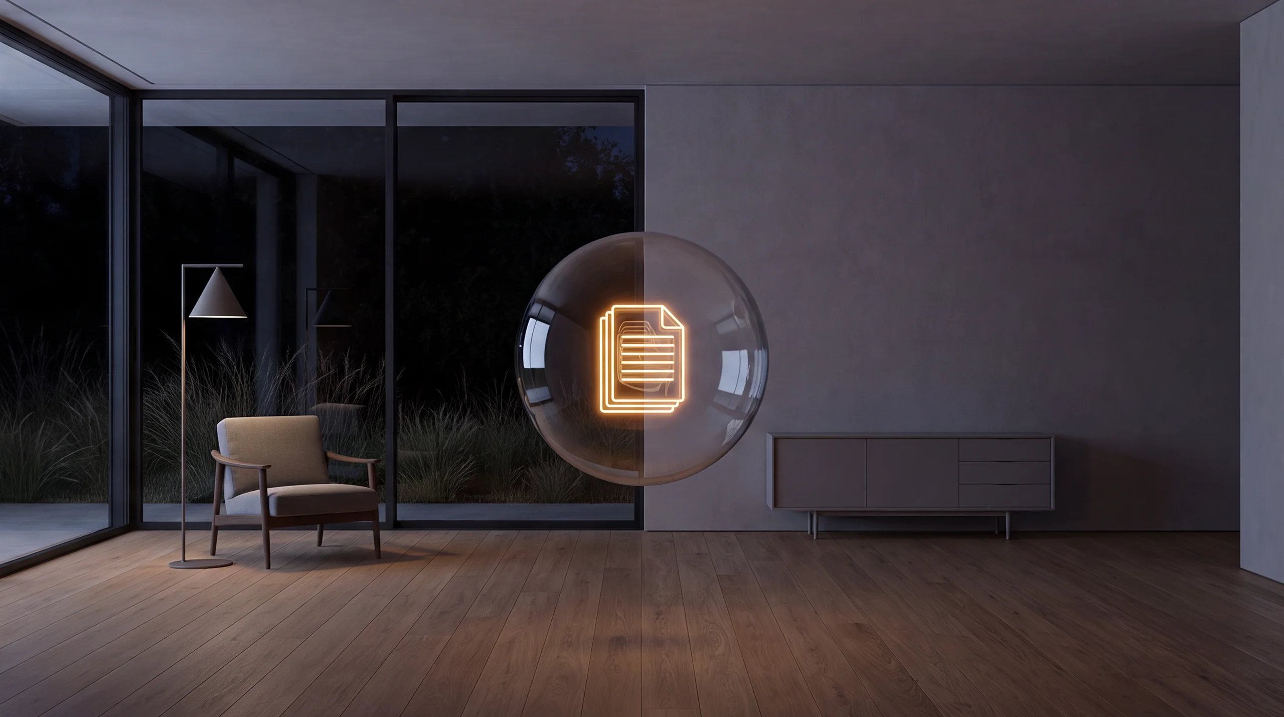 Light hologram: a stack of glowing documents with one bright core shining through the pages – dim agency interior of exposed concrete and oak.
