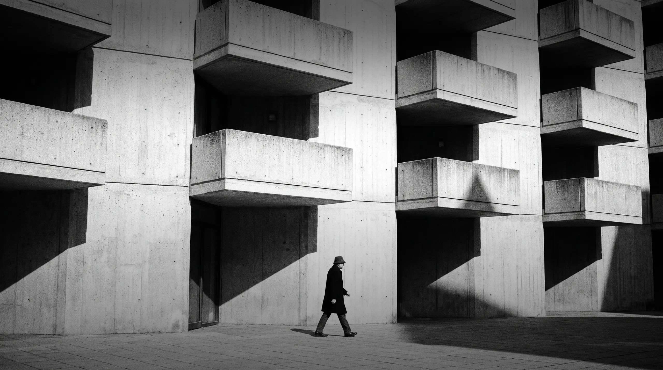 HUMAN STRUCTURES: Un homme en manteau et chapeau longe une façade de béton brut aux balcons en porte-à-faux, son ombre s'étirant sur le sol.
