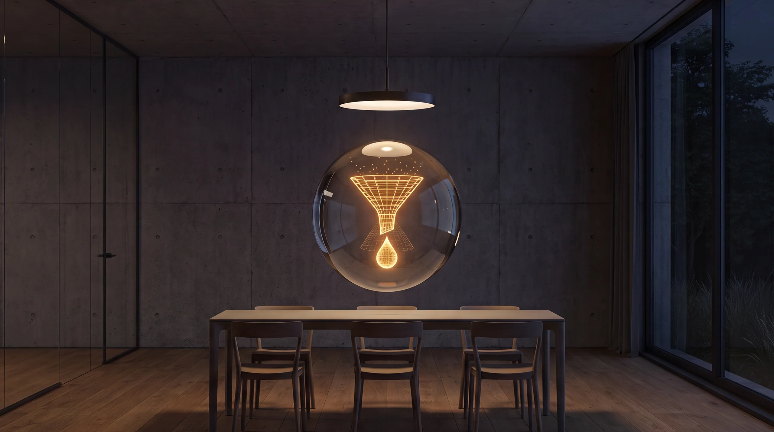 Hologramme de lumière : un entonnoir vertical condensant une multitude de points en une goutte rayonnante – intérieur d'agence tamisé en béton brut et chêne.