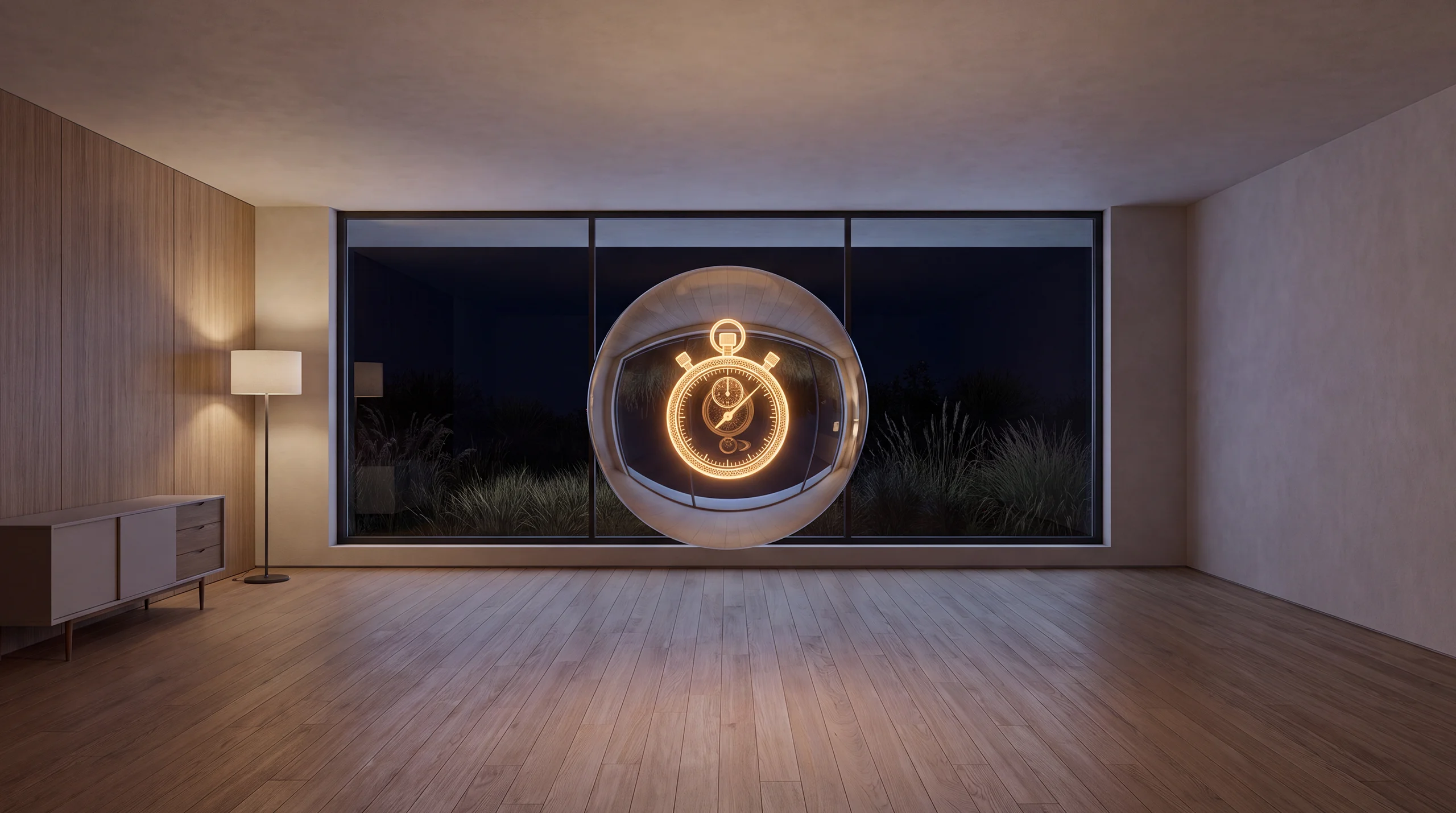 Light hologram: a stopwatch with three small glowing rings lined up beside it – dim agency interior of exposed concrete and oak.