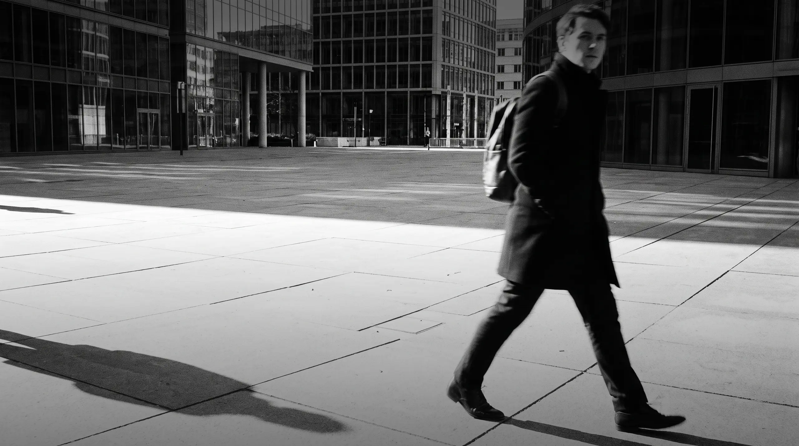 HUMAN STRUCTURES: Un homme avec un sac à dos marche d'un pas vif sur une place vide entre les façades vitrées miroitantes d'immeubles de bureaux.