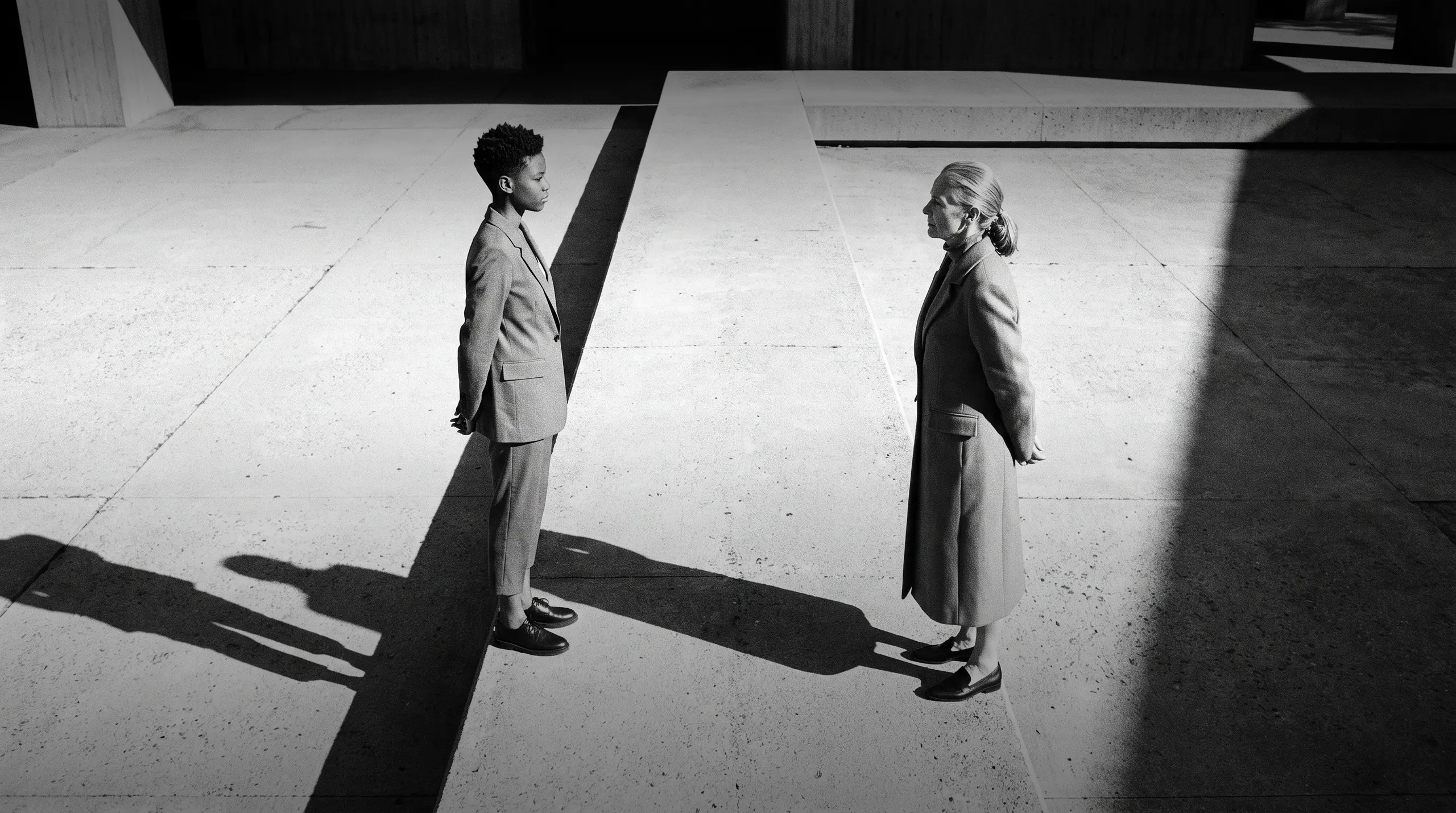 HUMAN STRUCTURES : Une personne plus jeune et une plus âgée, en manteau beige, se font face de profil sur une place en béton, séparées par une ombre nette.