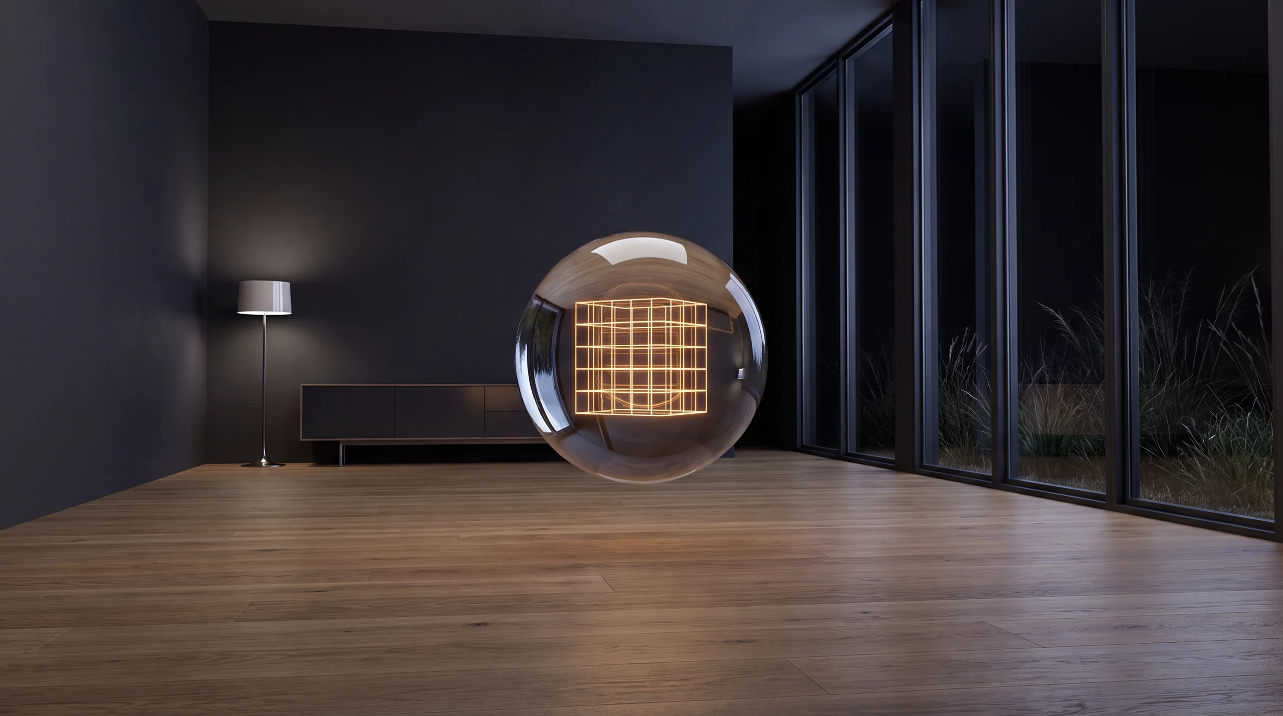 Light hologram: small squares snapping together into one larger glowing grid – dim agency interior of exposed concrete and oak.