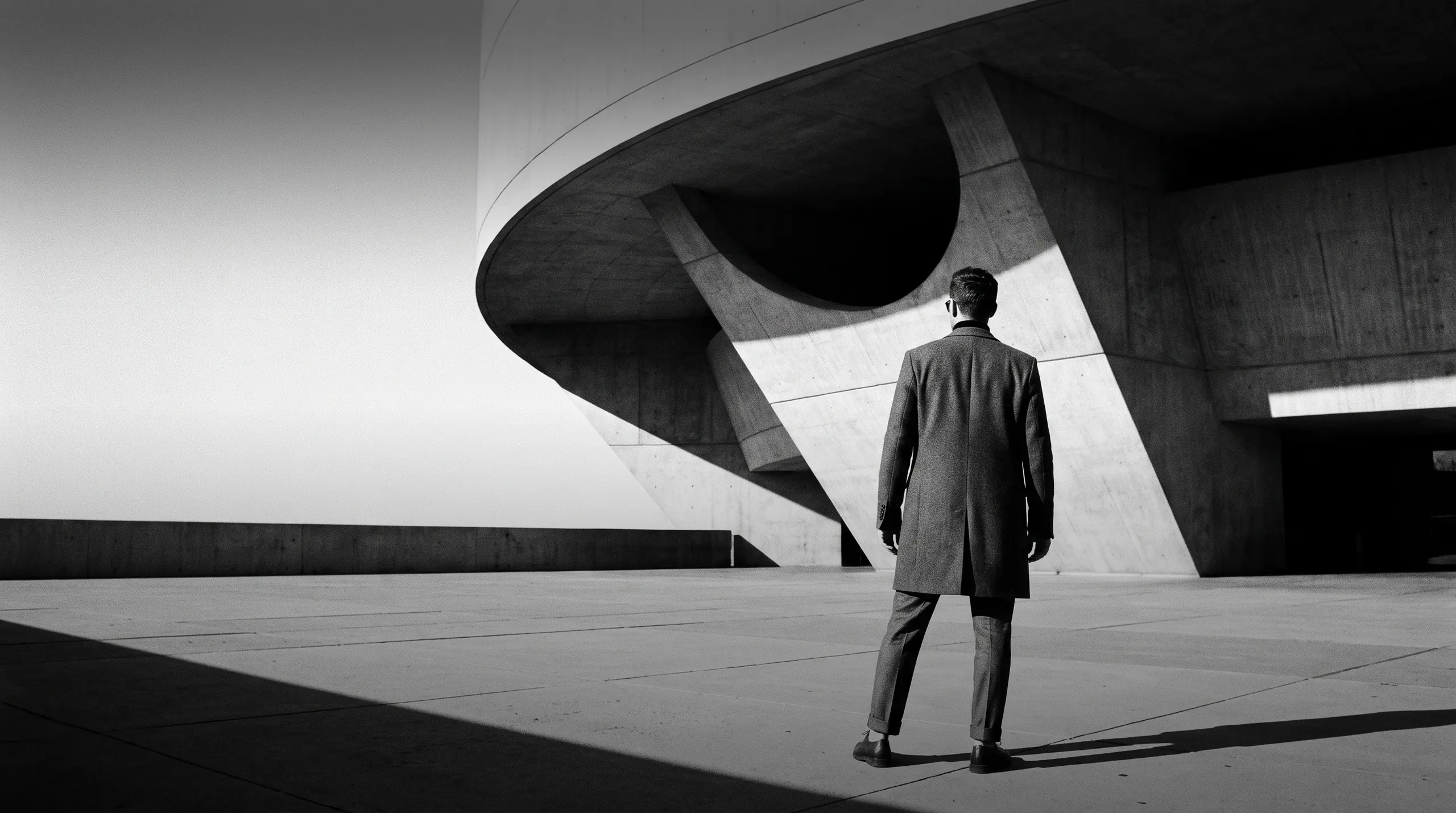 HUMAN STRUCTURES : Vu de dos, un homme marche vers une structure en béton incurvée au toit largement en porte-à-faux, une ligne d'ombre nette traversant la place.
