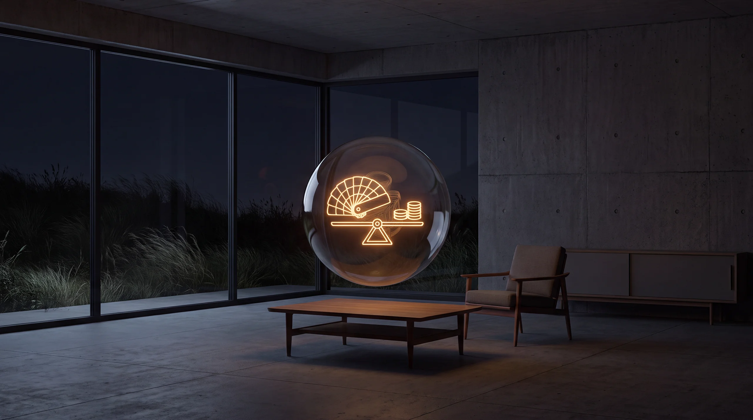 Light hologram: a fan of colour swatches on a scale opposite a small stack of coins – dim agency interior of exposed concrete and oak.