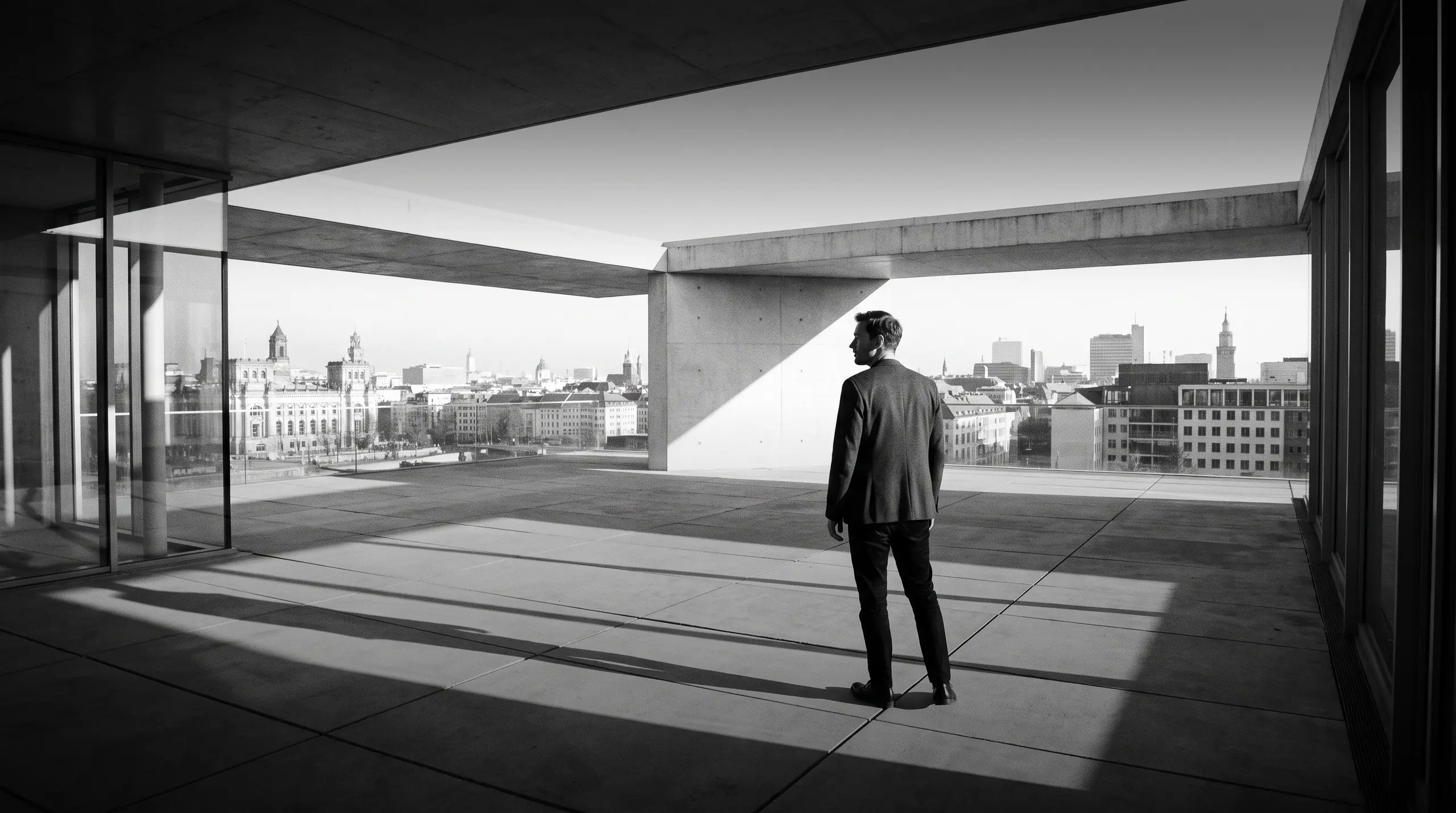 HUMAN STRUCTURES: De dos, un homme se tient sur une terrasse ouverte et contemple au loin une vaste silhouette urbaine.