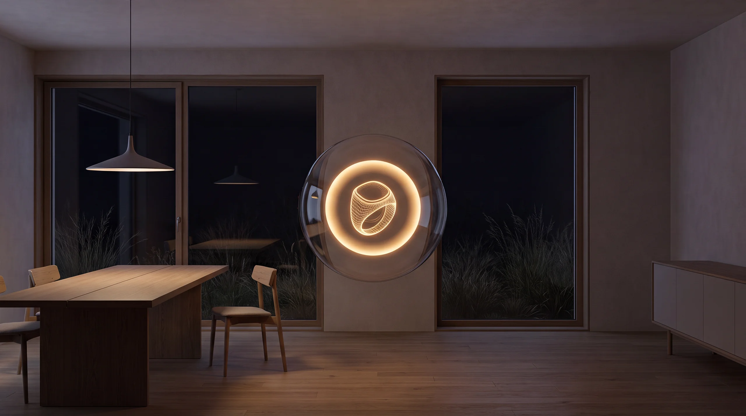 Hologramme de lumière : un large anneau de lumière douce tenant en son centre un emblème précis – intérieur d'agence tamisé en béton brut et chêne.