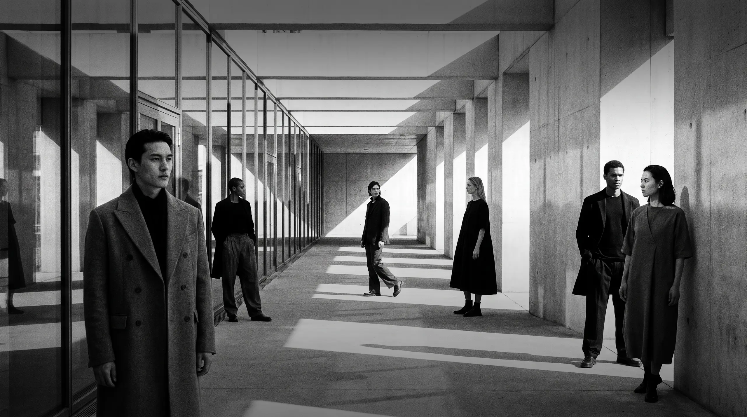 HUMAN STRUCTURES: Six personnes se répartissent dans un long couloir en béton bordé de verre, lumière et ombre découpant la scène en bandes nettes.