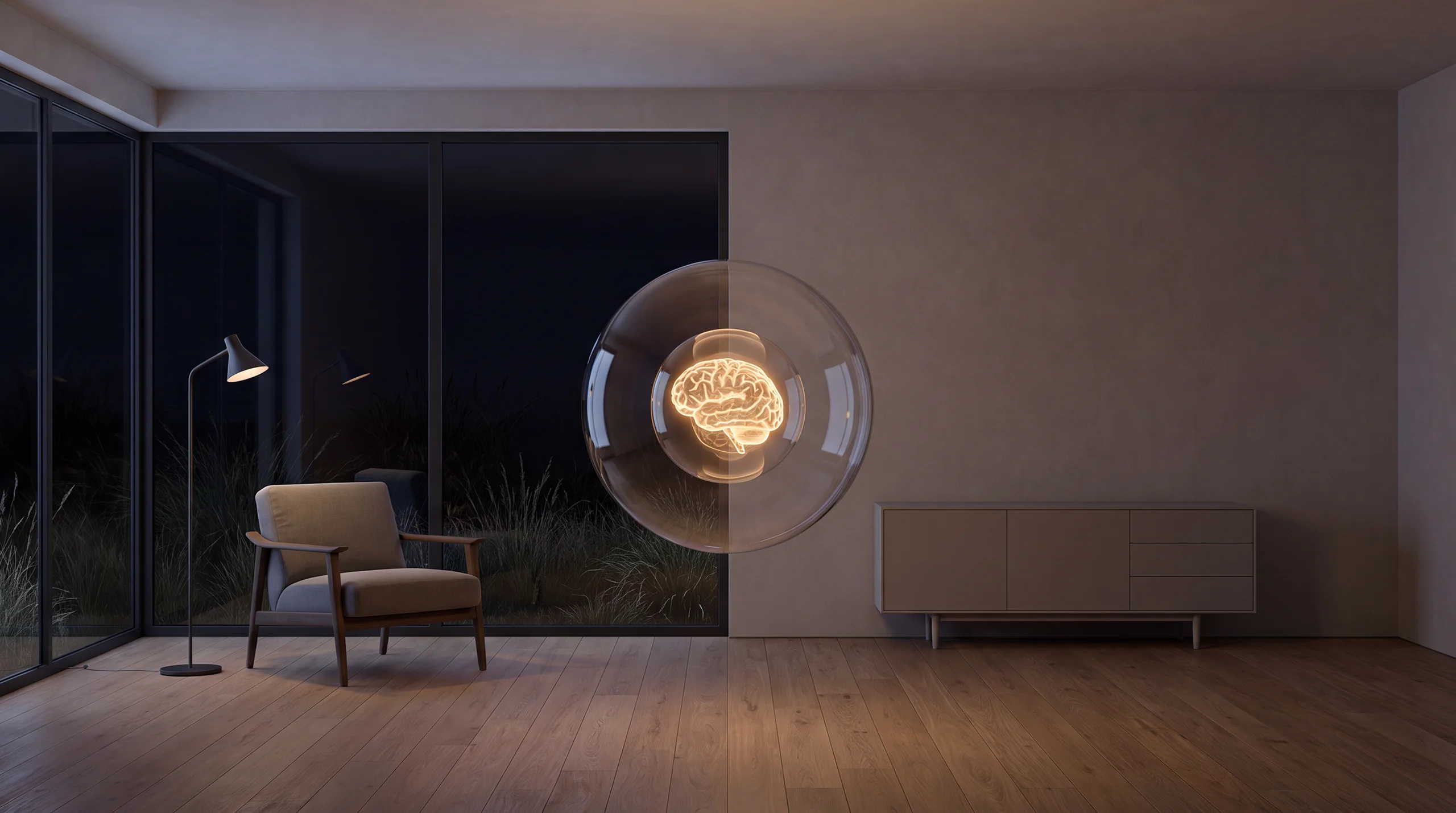 Hologramme de lumière : un cerveau lumineux abrité dans une coque protectrice translucide – intérieur d'agence tamisé en béton brut et chêne.