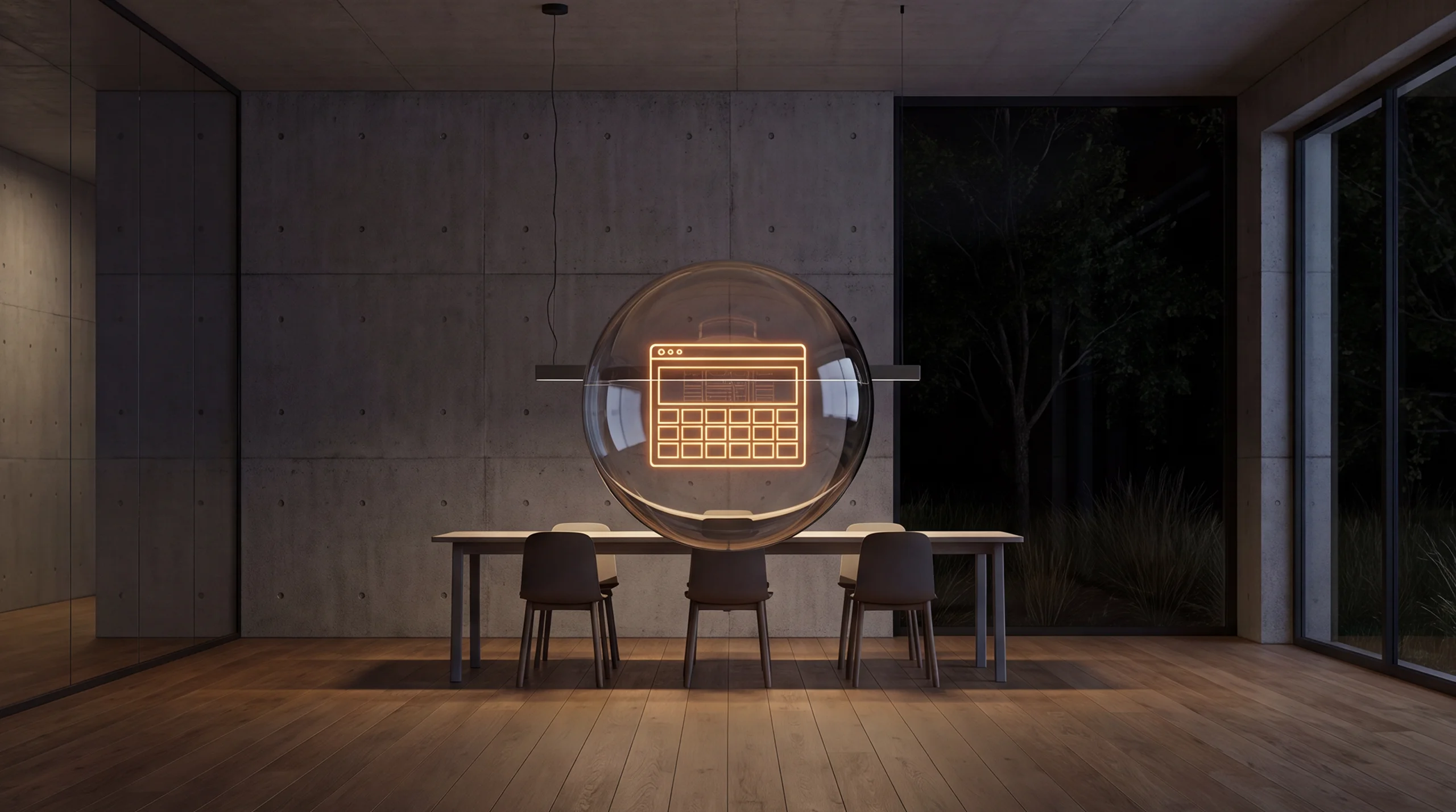 Light hologram: identical interface tiles assembling themselves into a complete browser window – dim agency interior of exposed concrete and oak.