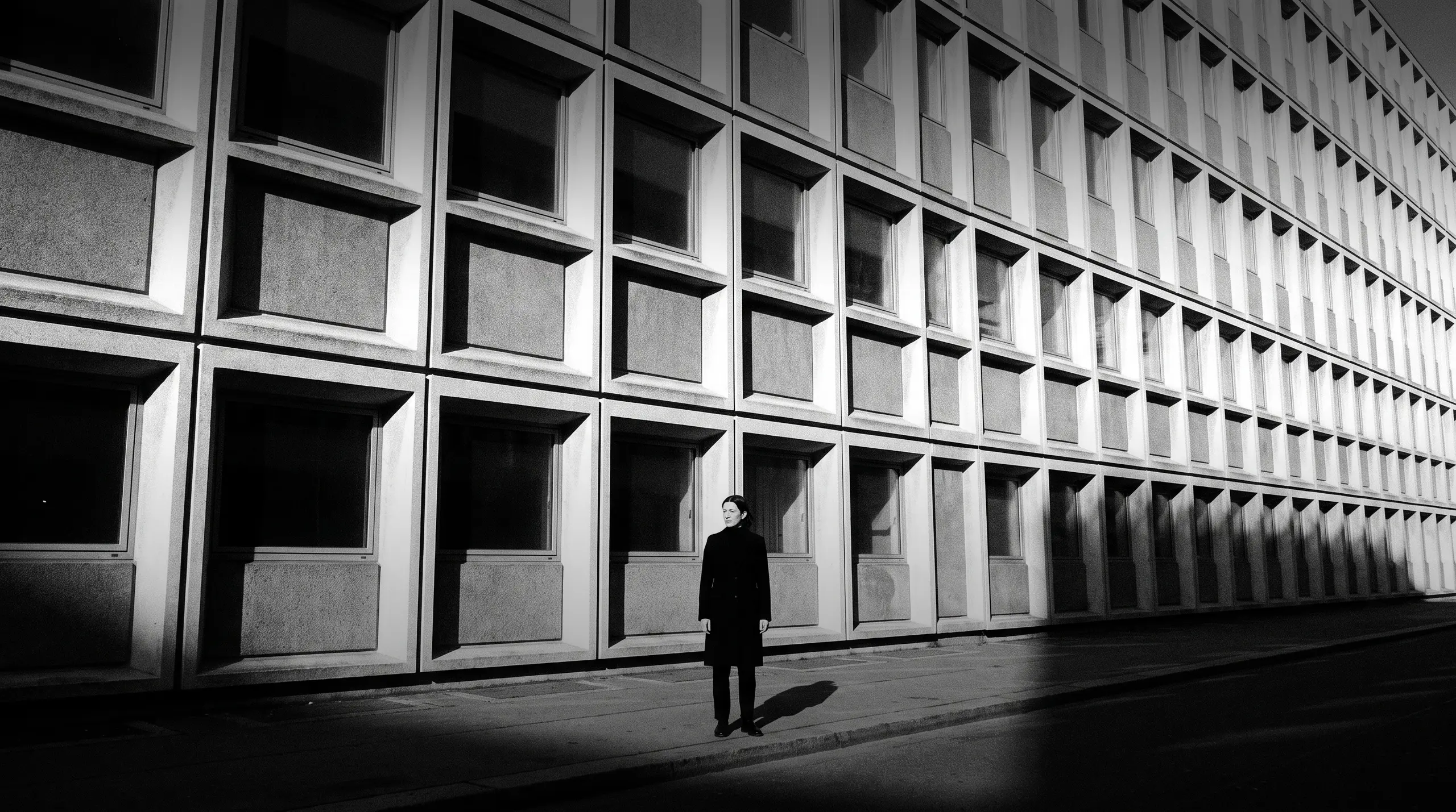 HUMAN STRUCTURES : Une femme se tient, minuscule, devant une immense façade en béton au motif régulier de niches carrées, des ombres nettes soulignant le rythme.