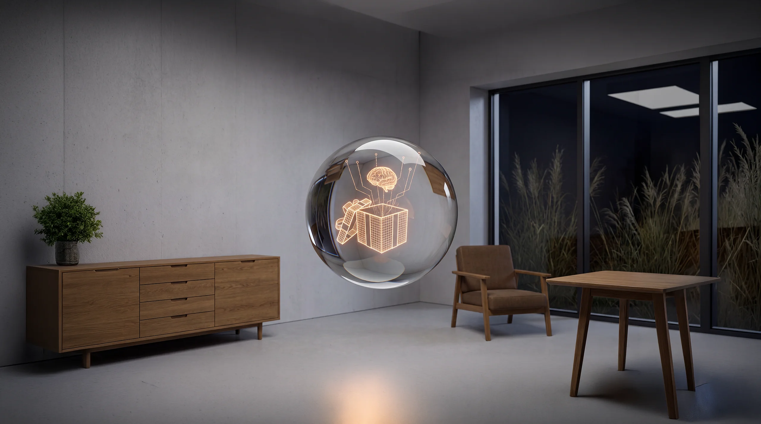 Light hologram: an opening gift box with a small brain rising out of it – dim agency interior of exposed concrete and oak.