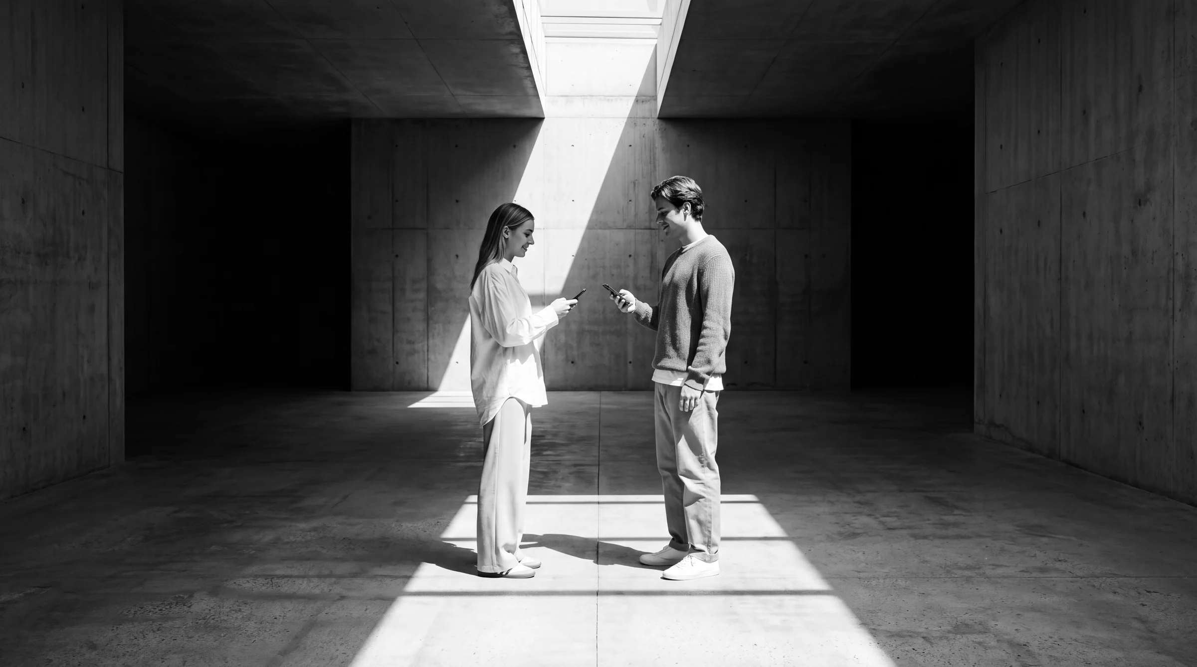 AI-generated image from the HUMAN STRUCTURES series: Two people stand facing each other in a tall concrete room, in the light of a skylight, holding their smartphones towards each other.