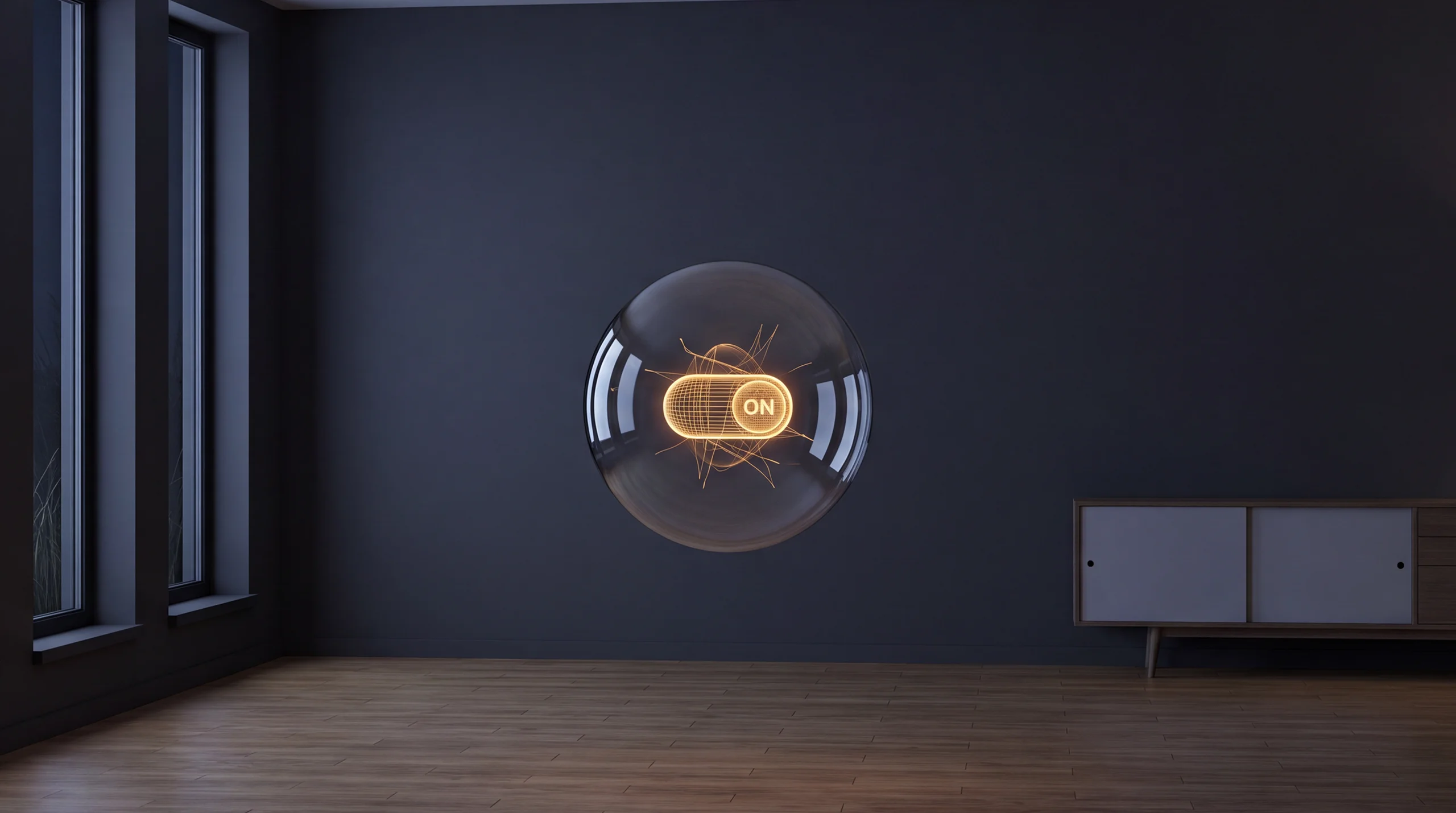 Light hologram: a large toggle switch flipped on with luminous lines spreading outward – dim agency interior of exposed concrete and oak.