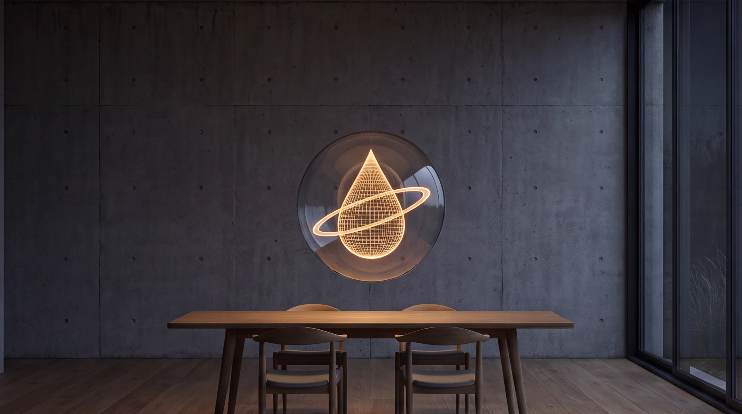 Light hologram: a large clearly recognisable water drop with a fine ring of light rising around it – dim agency interior of exposed concrete and oak.