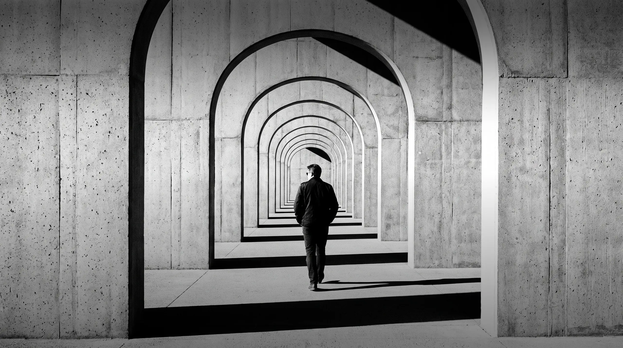HUMAN STRUCTURES: Vu de dos, un homme marche à travers une série répétitive d'arches en béton s'enfonçant en perspective vers l'horizon.