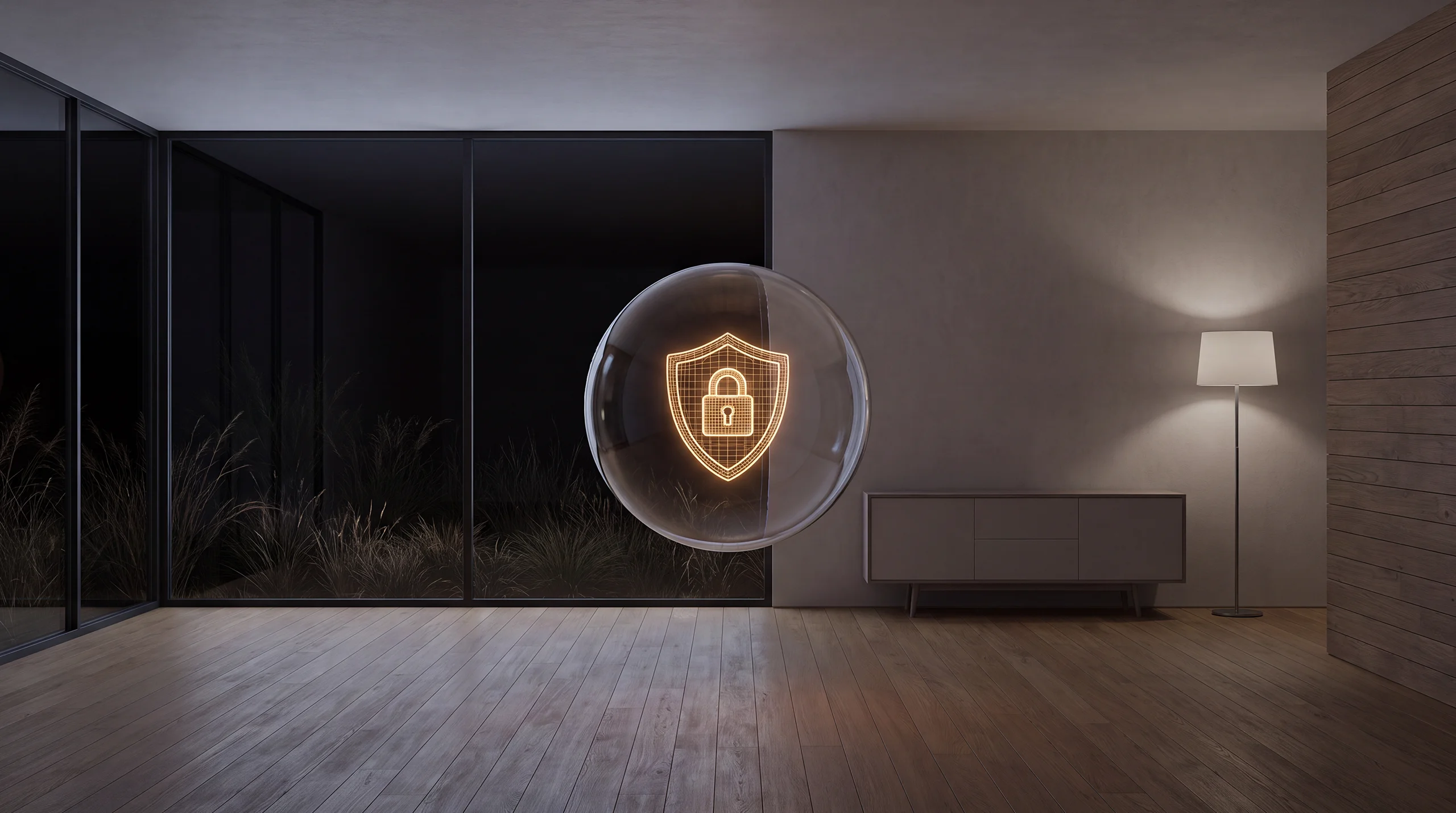 Light hologram: a shield with a glowing padlock at its centre – dim agency interior of exposed concrete and oak.