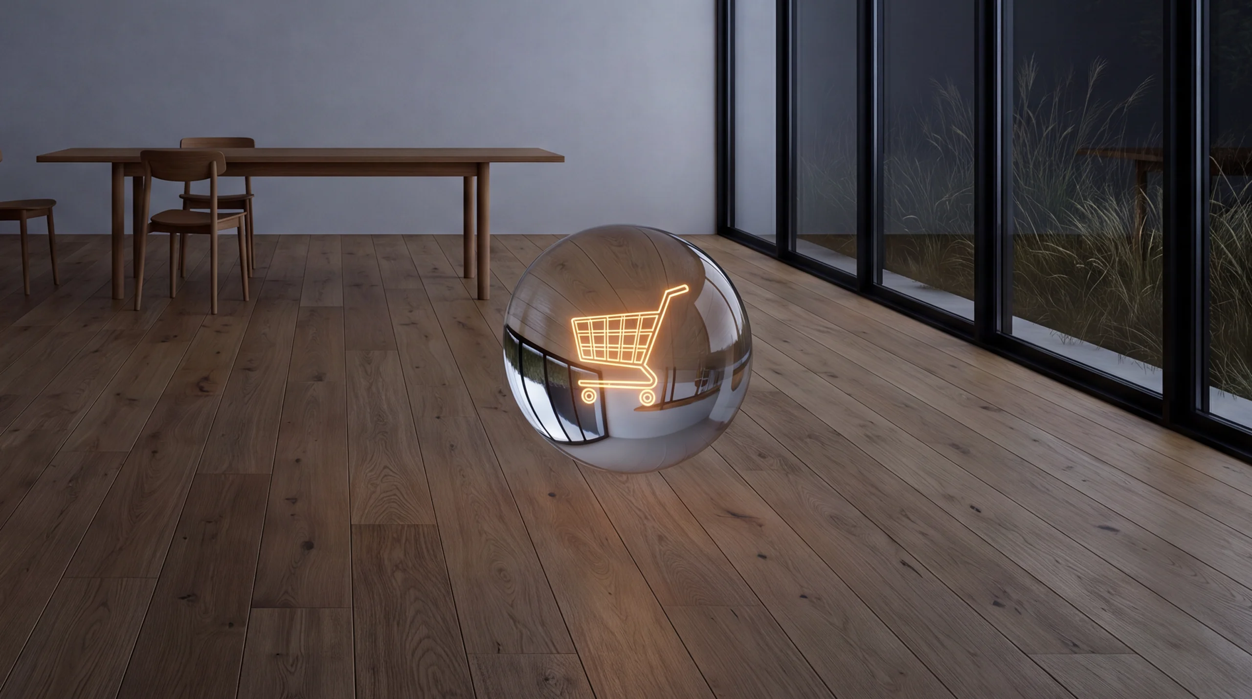 Light hologram: a shopping cart with a luminous curve rising steeply from its basket – dim agency interior of exposed concrete and oak.