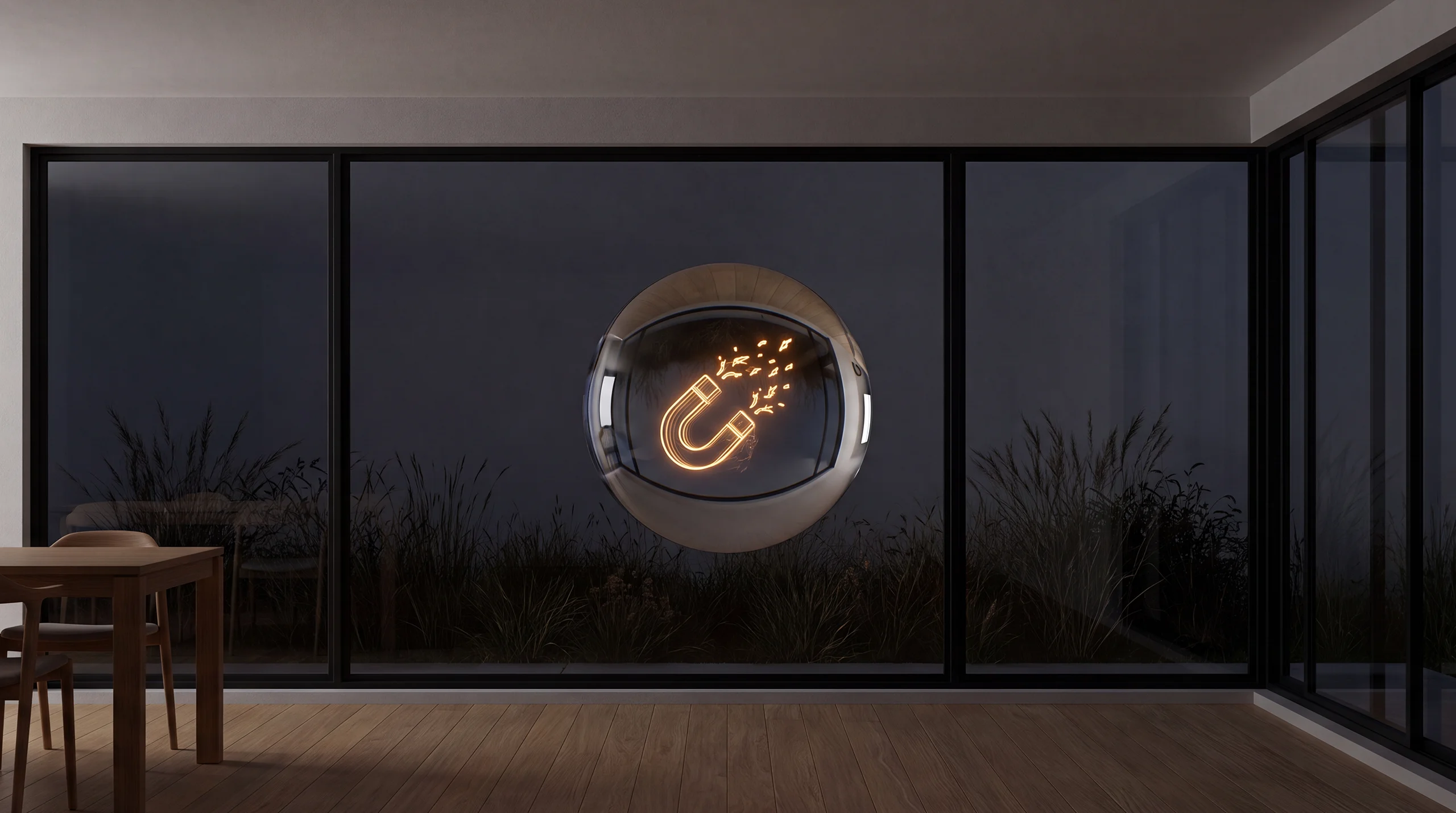 Light hologram: a horseshoe magnet drawing a stream of small bright sparks toward it – dim agency interior of exposed concrete and oak.