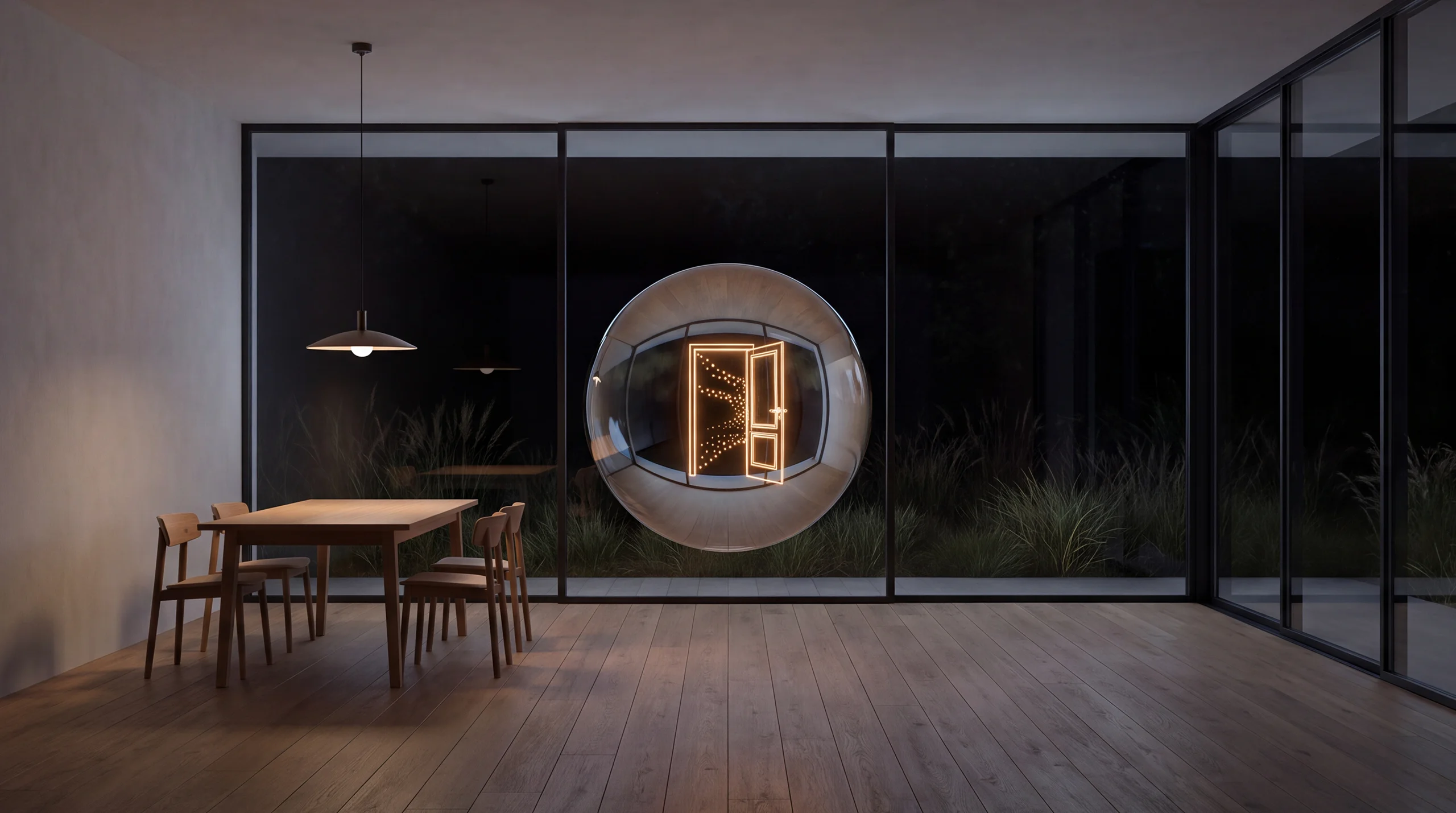 Light hologram: an open door with a line of glowing dots streaming through it – dim agency interior of exposed concrete and oak.