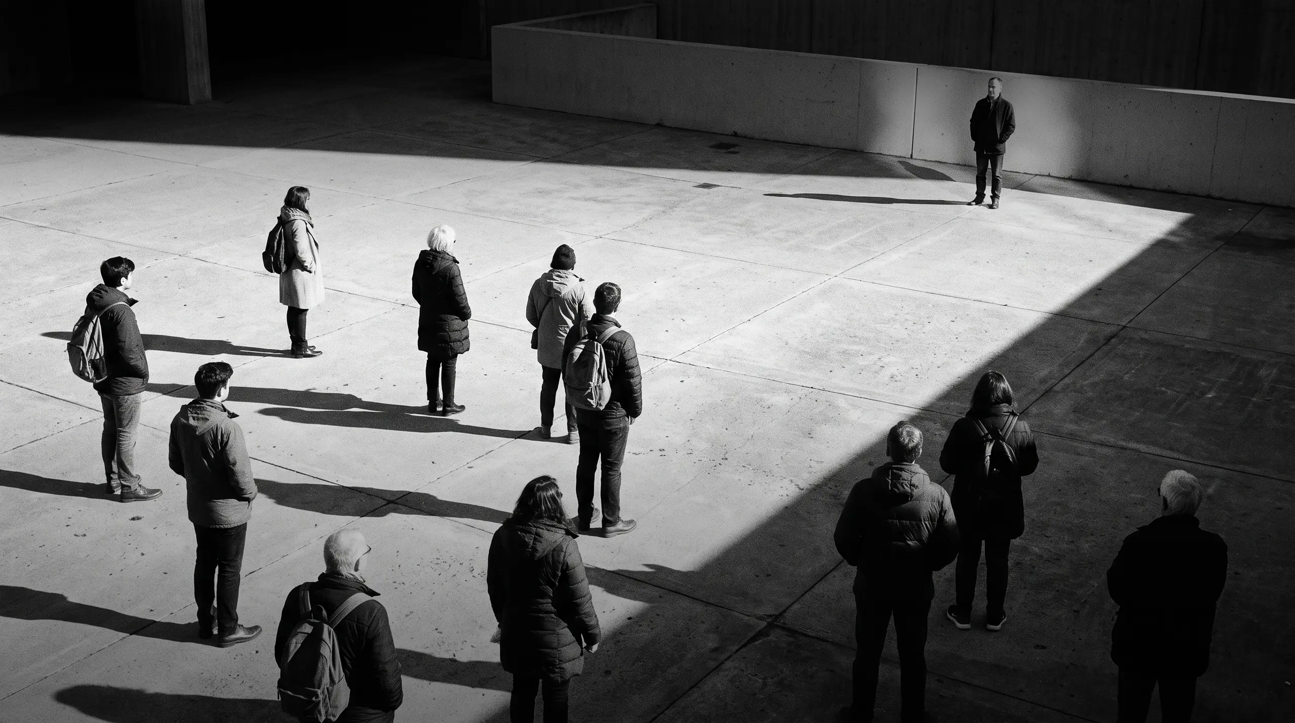 HUMAN STRUCTURES: Vue d'en haut, plusieurs personnes se tiennent dispersées sur une place en béton, une silhouette isolée près d'un mur ensoleillé au loin.