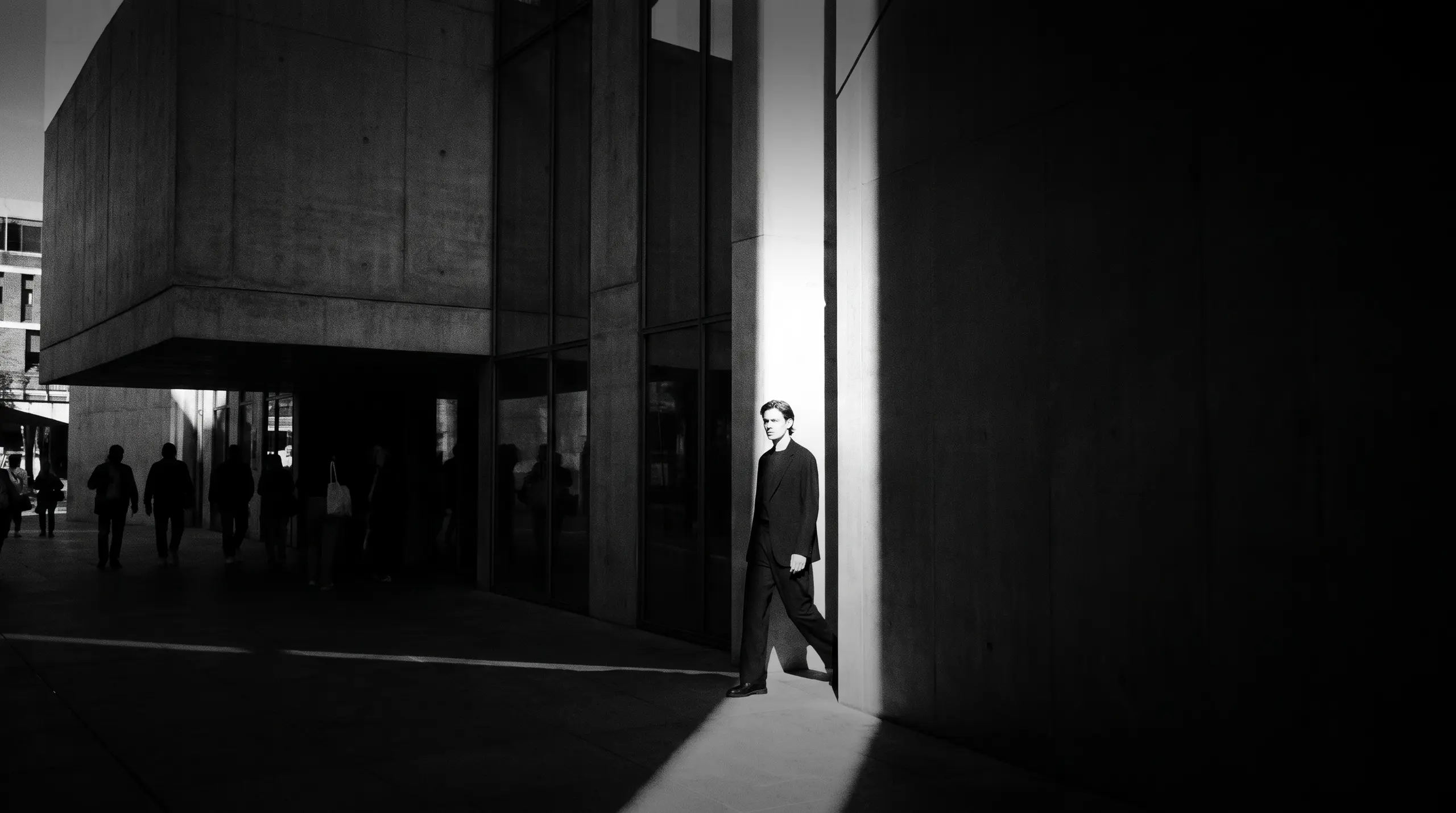 HUMAN STRUCTURES: Un homme en costume sort d'un passage sombre pour entrer dans une fine bande de lumière près d'un mur de béton clair.