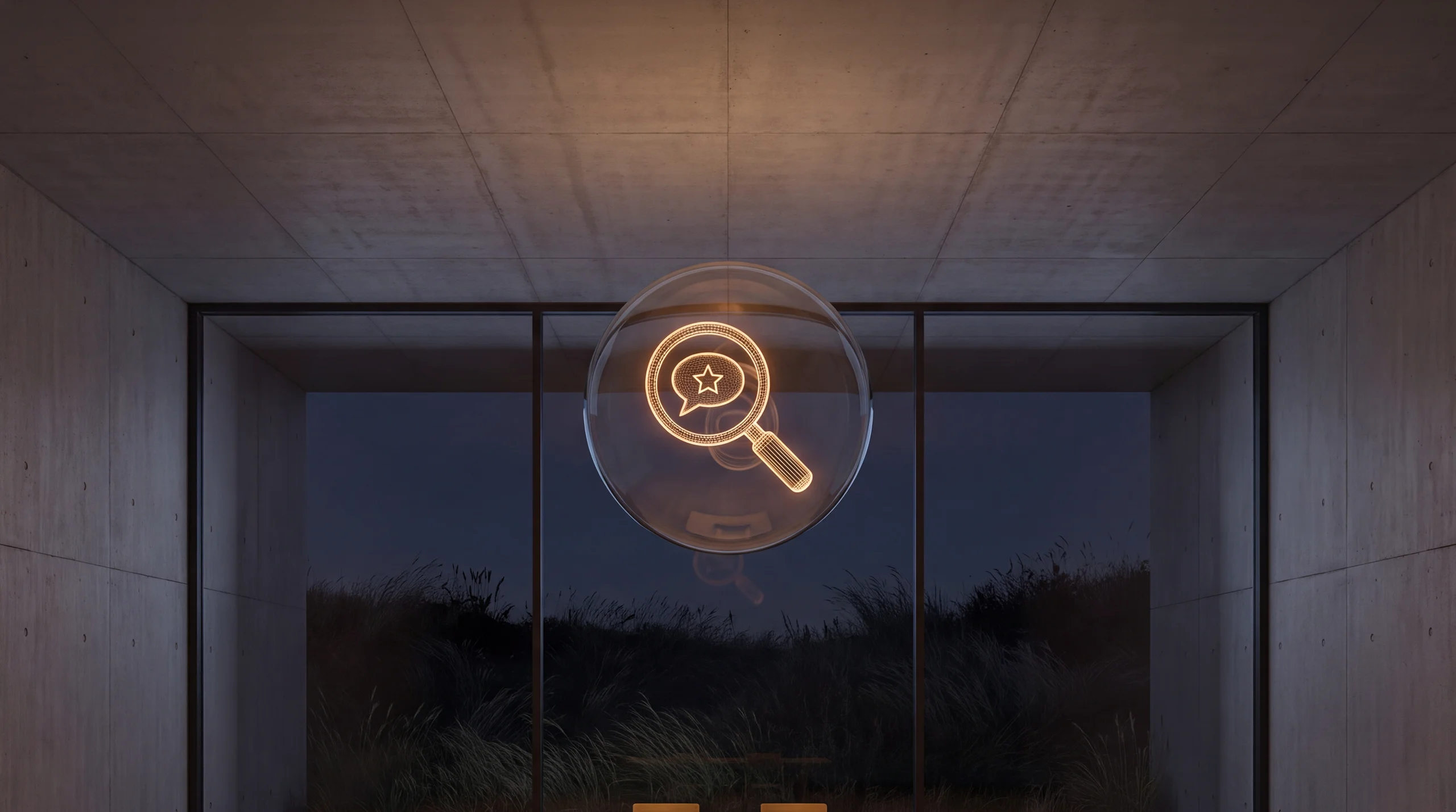 Light hologram: a speech bubble with a bright star held inside a magnifying glass – dim agency interior of exposed concrete and oak.
