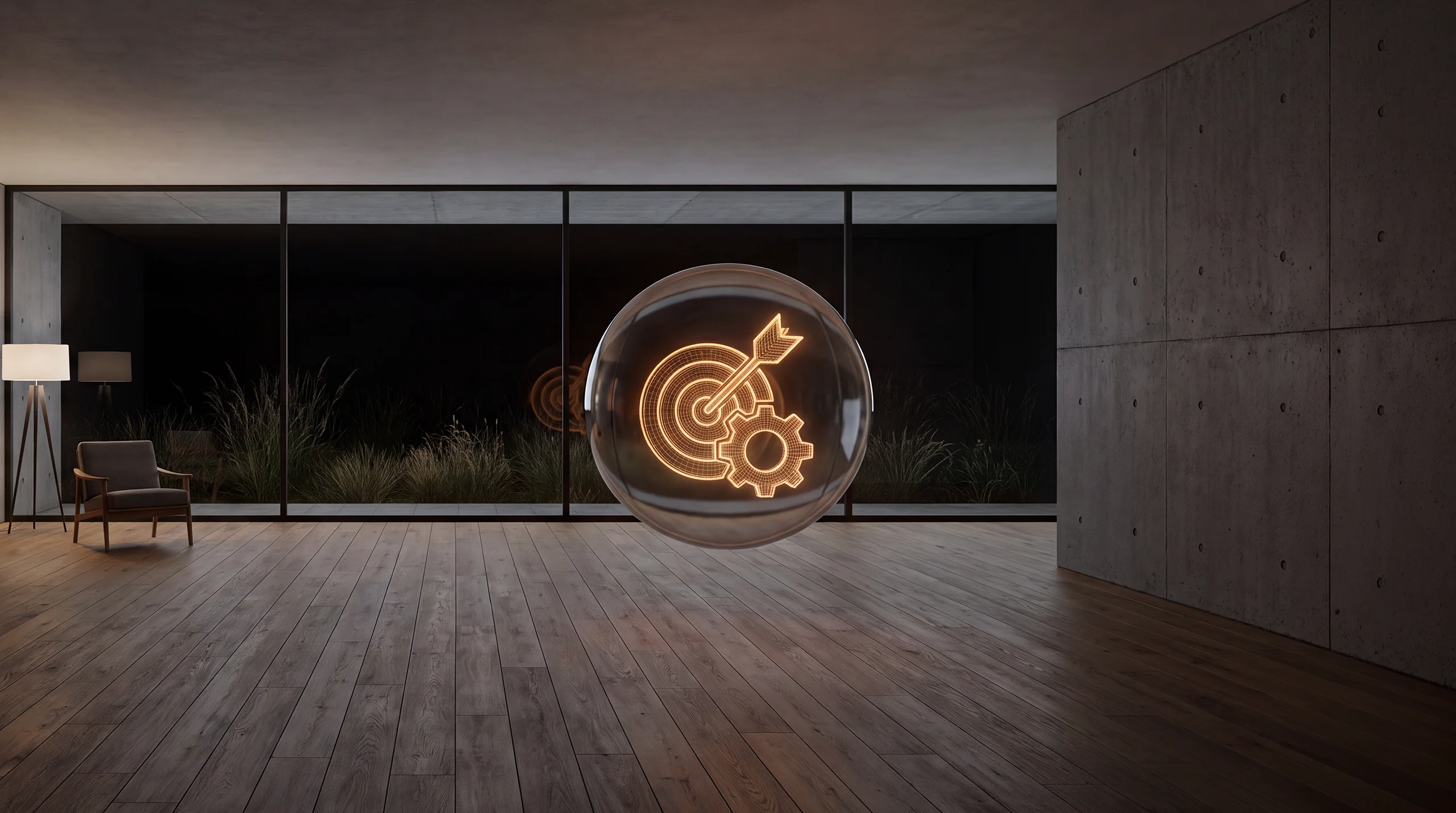 Light hologram: an arrow striking the centre of a target with a small gear turning beside it – dim agency interior of exposed concrete and oak.