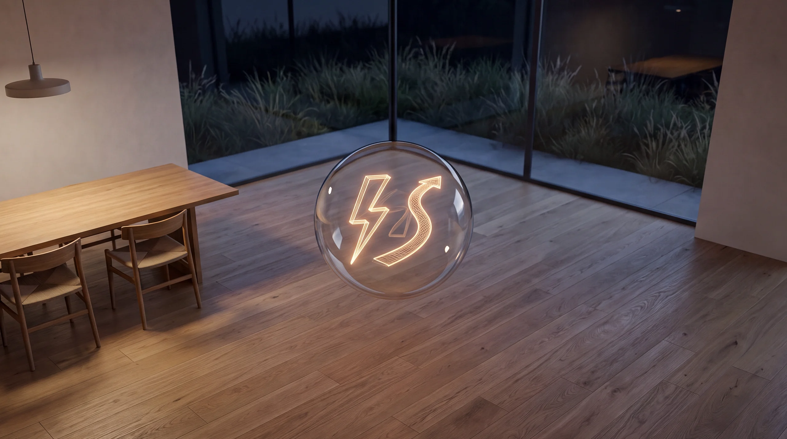 Light hologram: two paths reaching the same target – a straight lightning bolt and a gently winding rising path – dim agency interior of exposed concrete and oak.