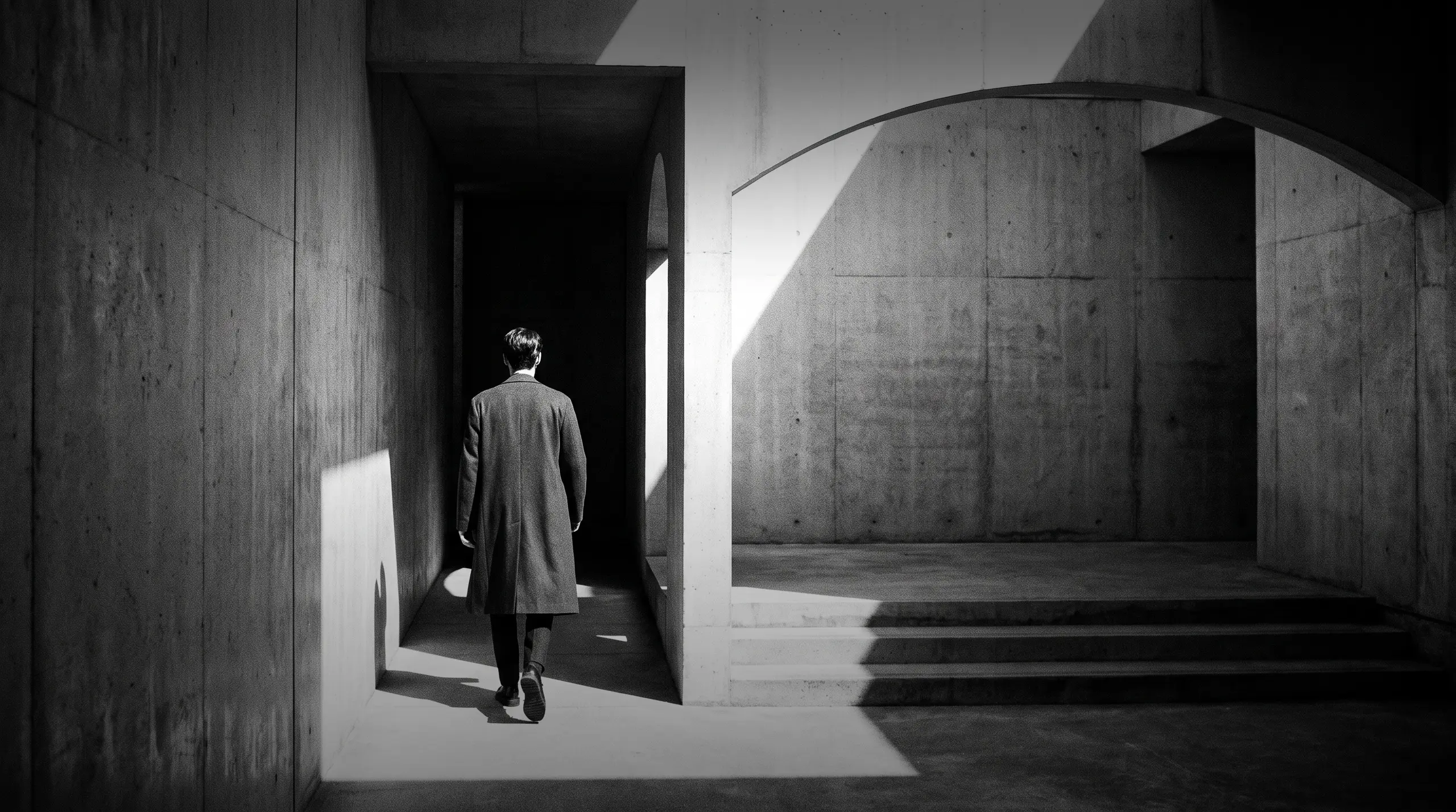 HUMAN STRUCTURES: Vu de dos, un homme avance dans un étroit couloir de béton vers une ouverture cintrée baignée de lumière, en fort contraste avec l'ombre.
