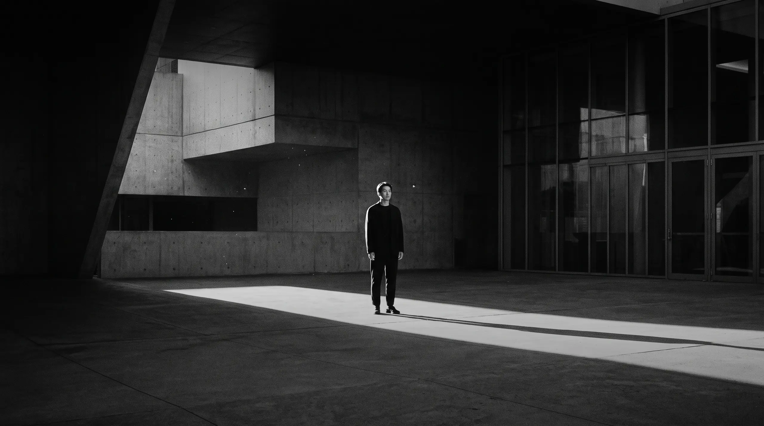 HUMAN STRUCTURES: Un homme seul se tient dans une fine bande de lumière au milieu d'une cour en béton sombre à l'architecture anguleuse.