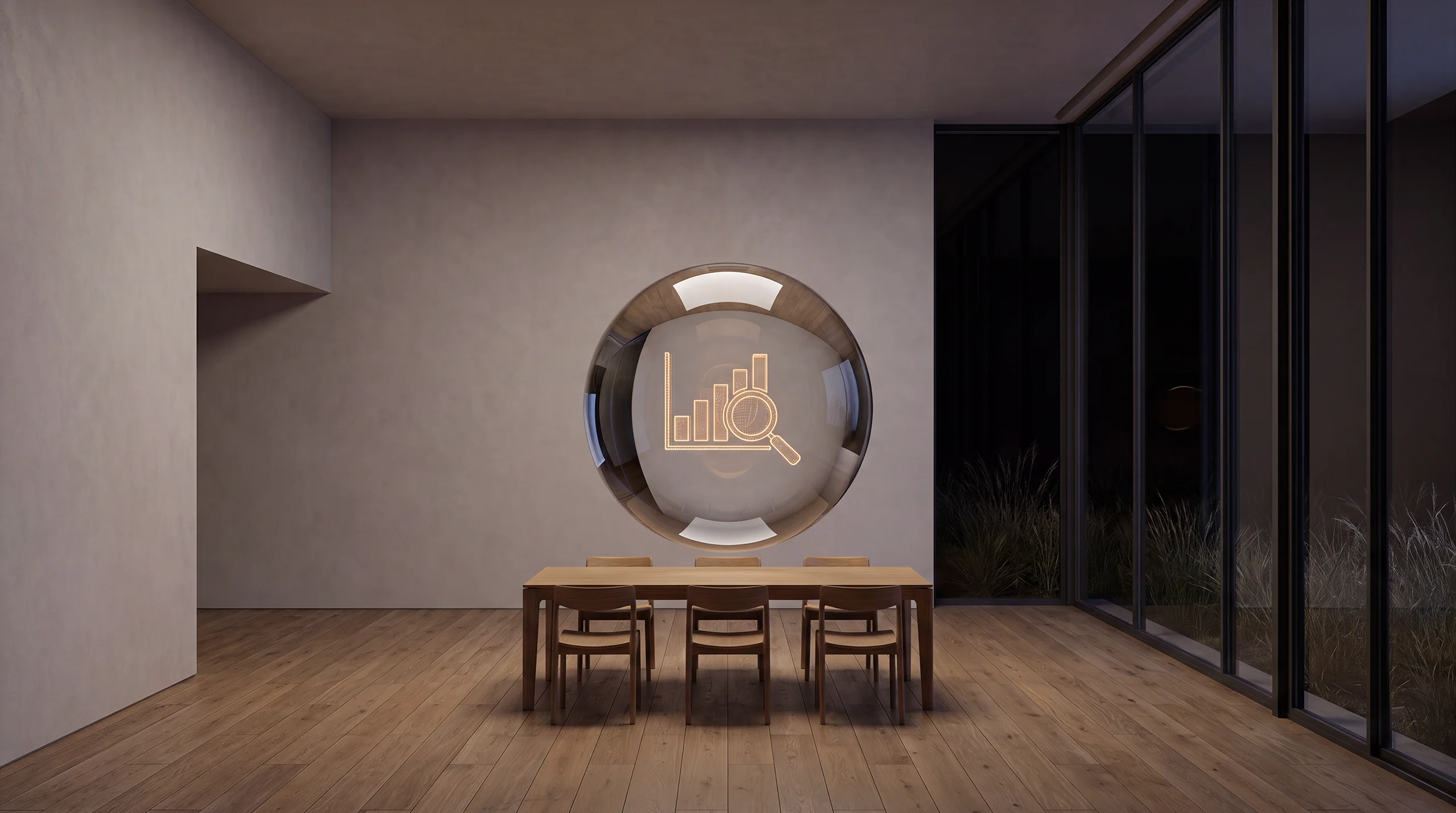 Light hologram: a bar chart with rising bars and a small magnifying glass in front – dim agency interior of exposed concrete and oak.