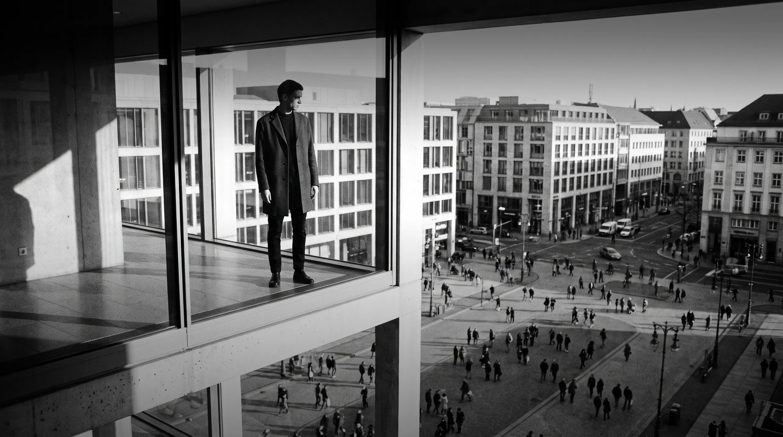 HUMAN STRUCTURES: Un homme se tient sur une galerie vitrée surélevée, observant une place animée où de nombreuses silhouettes s'agitent en contrebas.
