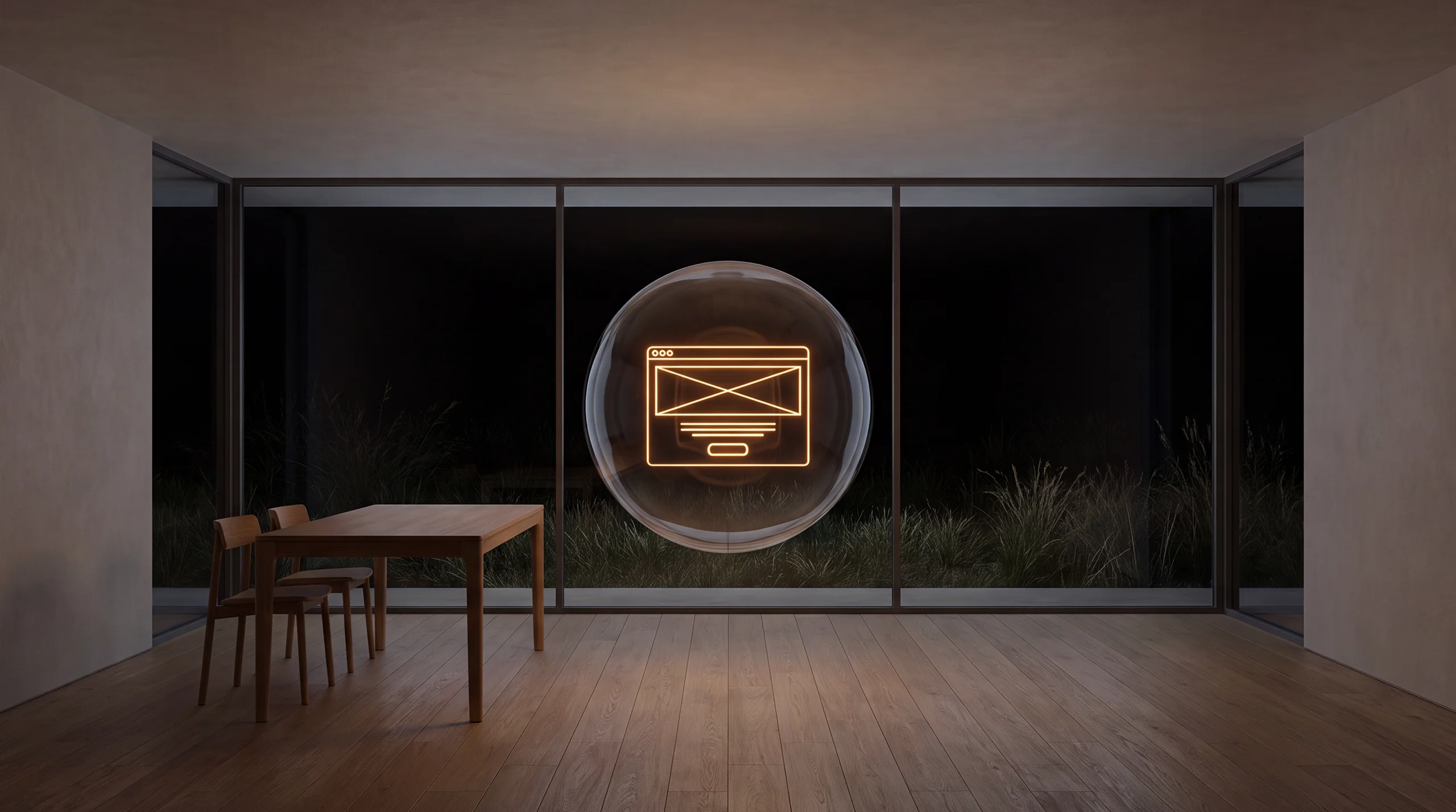 Light hologram: a browser window with one calm bright hero block and a single glowing button – dim agency interior of exposed concrete and oak.