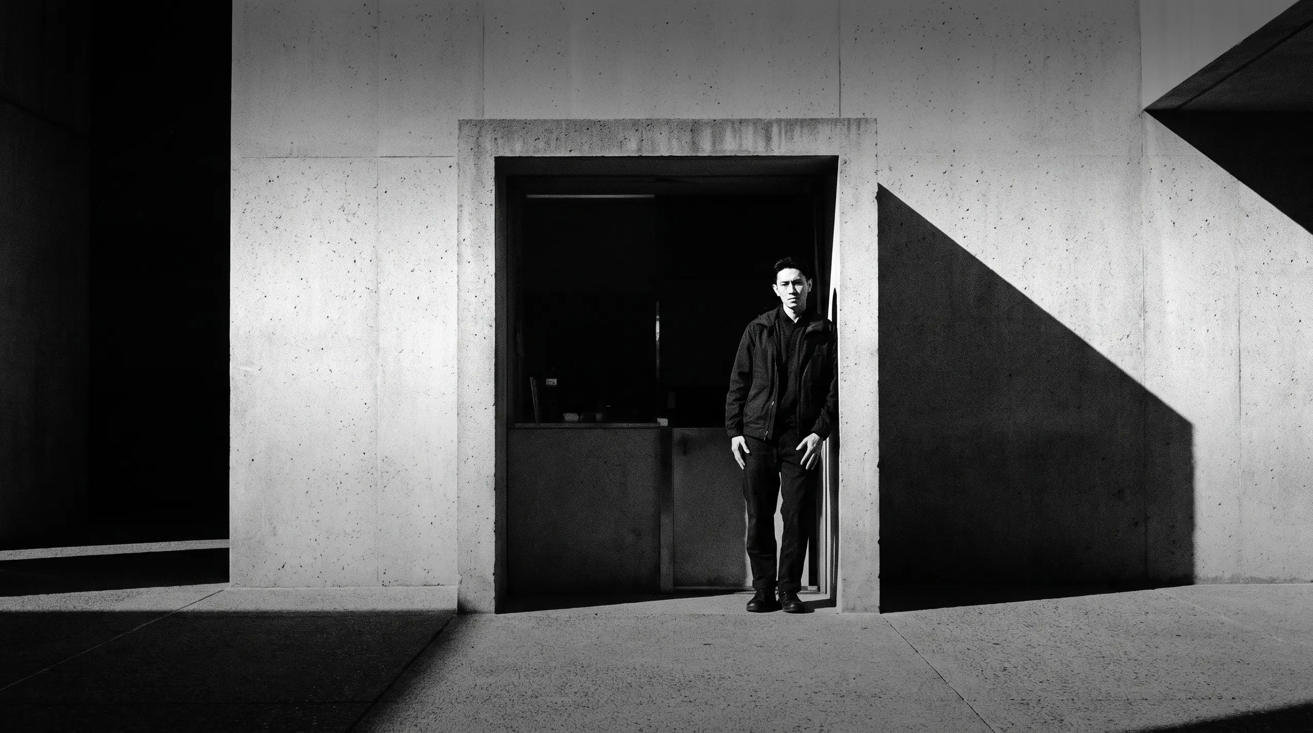 HUMAN STRUCTURES: Un homme s'appuie dans l'embrasure d'une façade en béton, mains dans les poches, tandis qu'une arête d'ombre nette traverse le mur en diagonale.