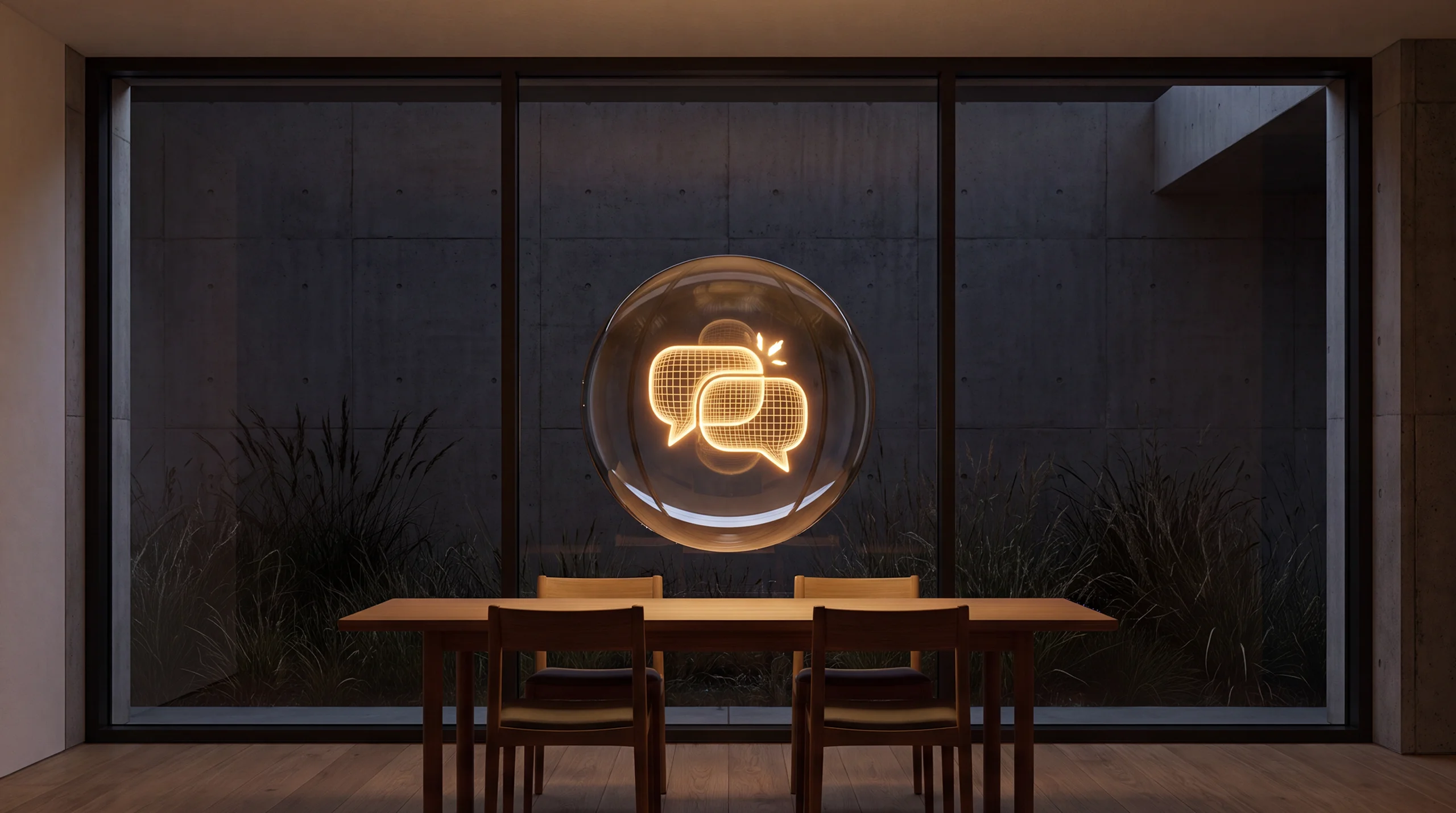 Light hologram: two chat bubbles in conversation, one carrying a bright spark – dim agency interior of exposed concrete and oak.