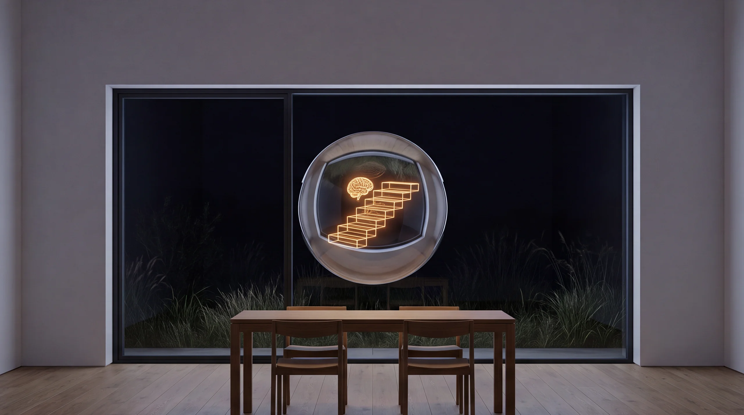 Light hologram: six ascending steps with a small brain rising from step to step – dim agency interior of exposed concrete and oak.