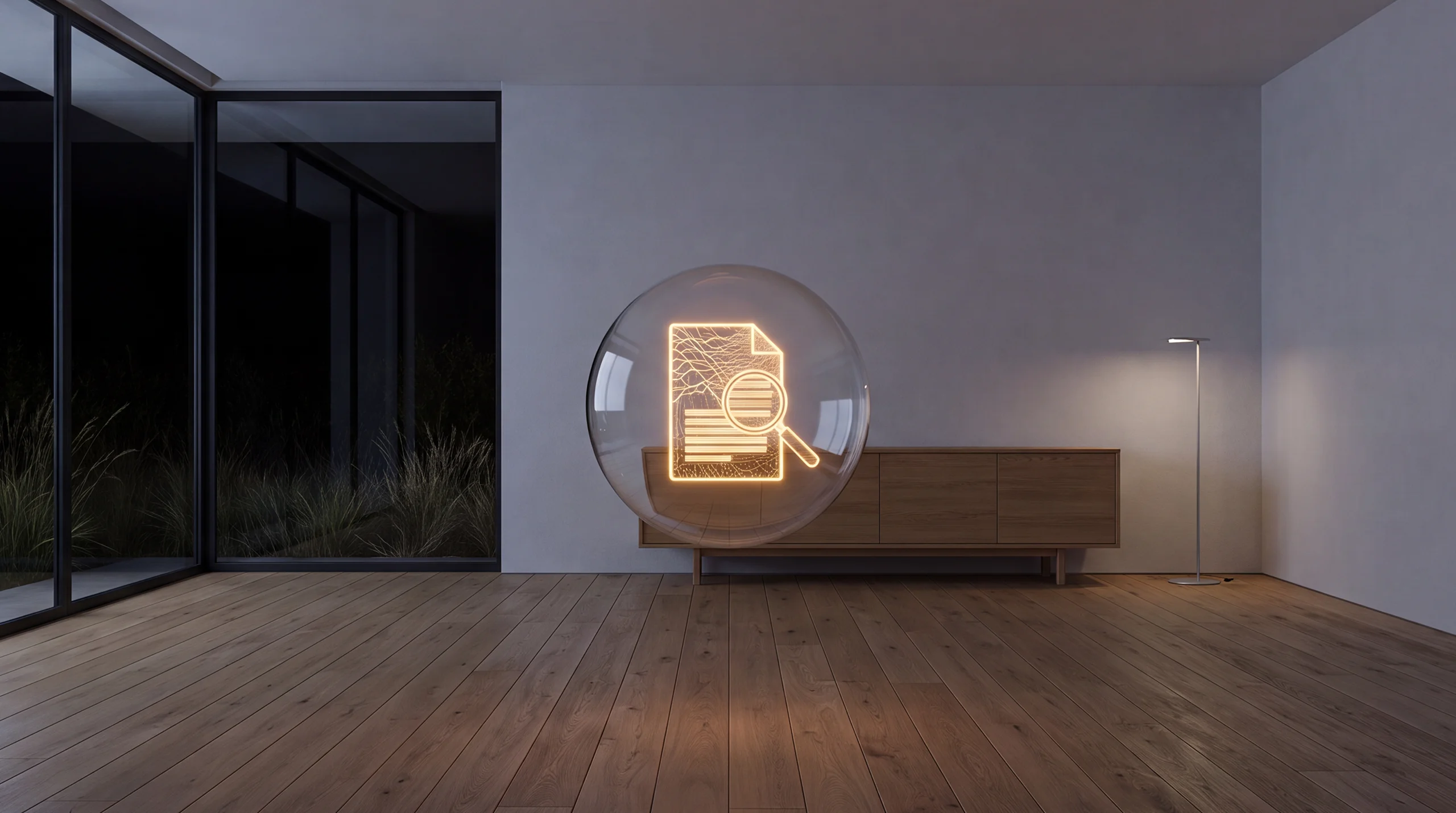 Light hologram: a document page half filled with neural lines, half with plain lines, under a small magnifier – dim agency interior of exposed concrete and oak.