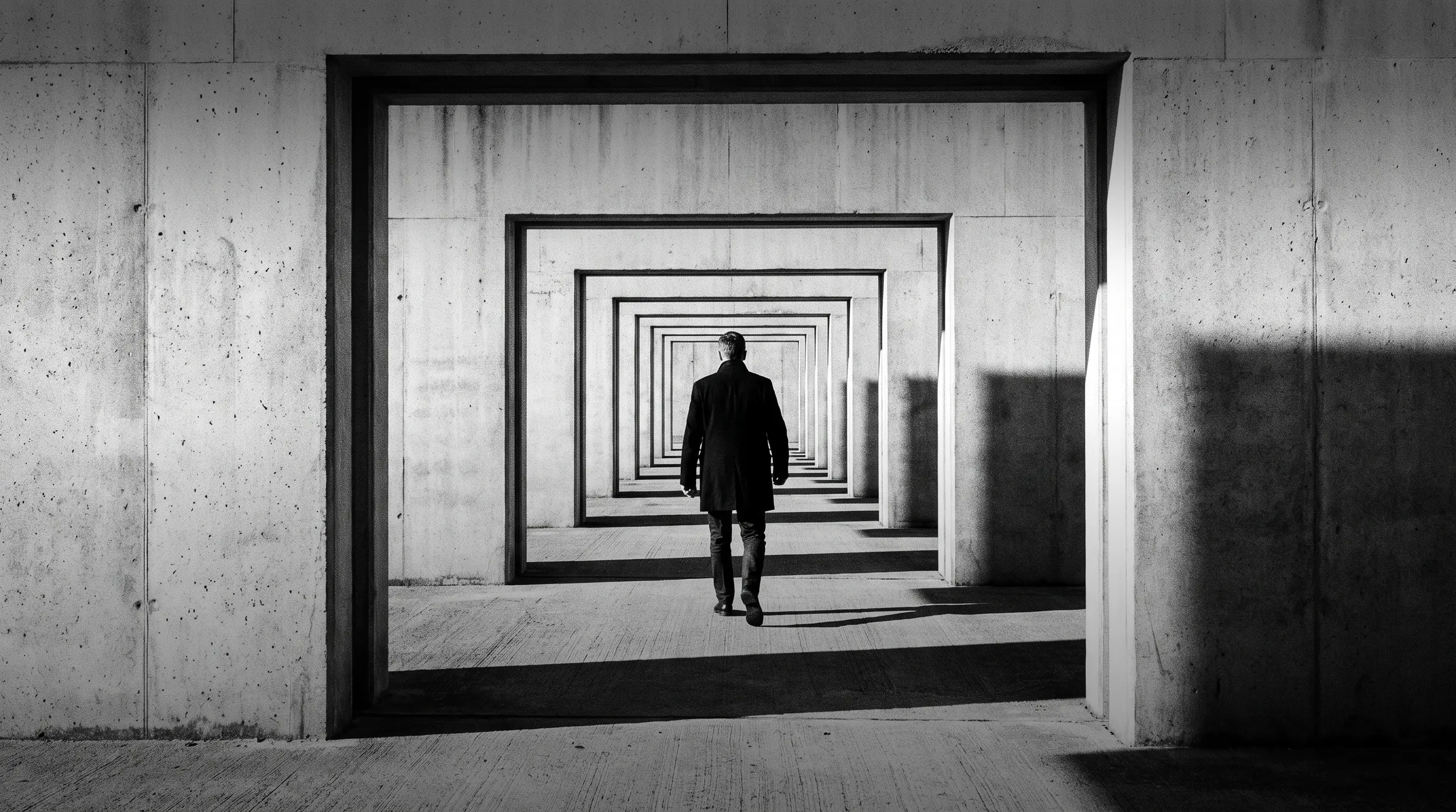 HUMAN STRUCTURES : Vu de dos, un homme traverse une succession de cadres carrés en béton emboîtés, formant un passage en tunnel à forte perspective.