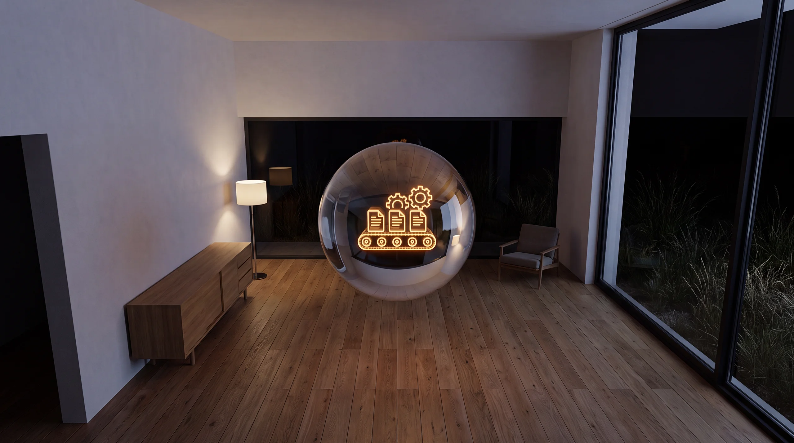 Light hologram: a conveyor belt carrying glowing documents past turning gears – dim agency interior of exposed concrete and oak.